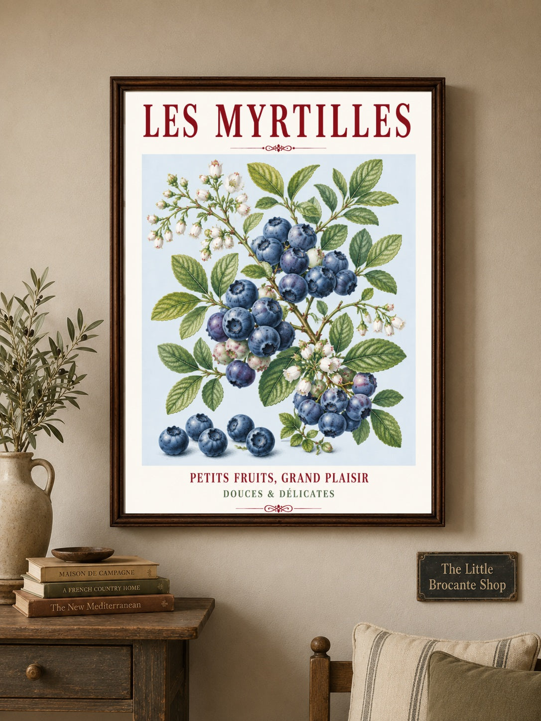 French Blueberry Print - Les Myrtilles | French Kitchen Wall Art, Illustrated French, Botanical, French Country, Fruit Illustration, Country Kitchen, French Countryside, Cottage Style, Botanical Wall Art wall artwork.