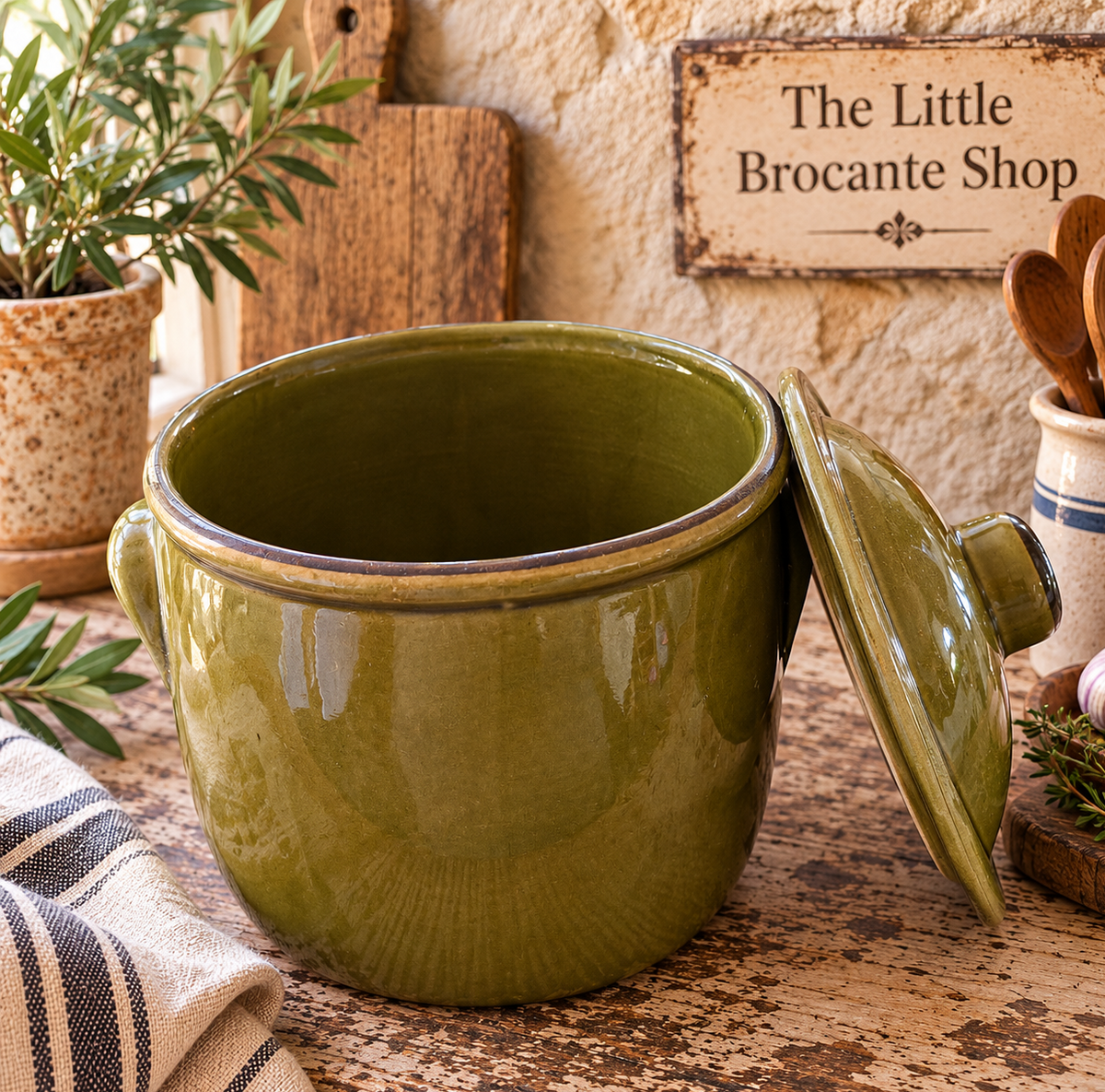 Vintage French Olive Green Stoneware Casserole Pot with Lid