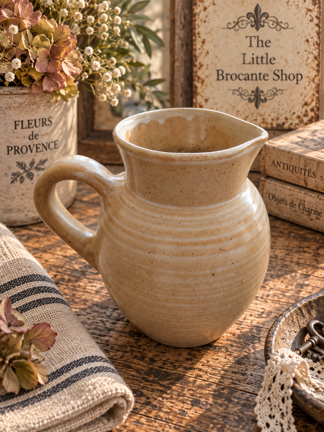 Vintage French Grès Stoneware Jug – Speckled Beige Rustic Pottery Pitcher photograph 4