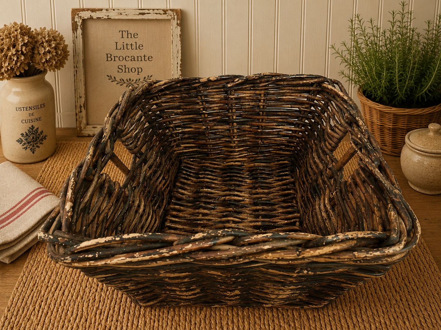 Vintage Dark Willow Storage Basket | Rustic French Country Wicker Basket | Farmhouse Display Basket photograph 4