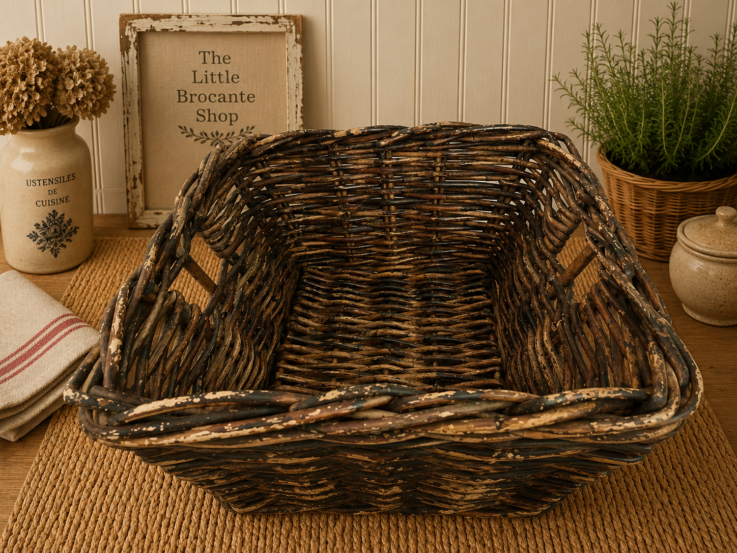 Vintage Dark Willow Storage Basket | Rustic French Country Wicker Basket | Farmhouse Display Basket photograph 4