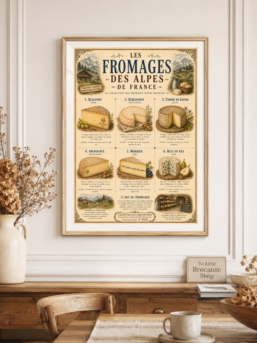 Les Fromages des Alpes  Vintage French Alpine Cheese Print in choice of Wooden Frame | French Kitchen Wall Art