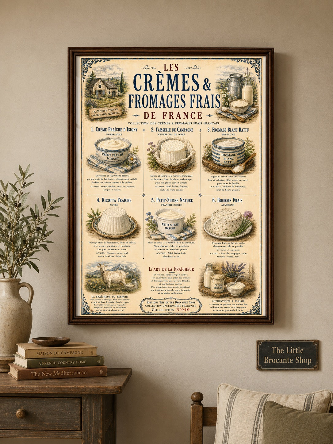 Les Crèmes & Fromages Frais – Vintage French Dairy Print | French Kitchen Wall Art, French Country, French Farmhouse, Cottagecore, Rustic Country, Traditional Kitchen, Brocante, Vintage, European Farmhouse, Provincial French, Country Cottage, Blue & White Kitchen wall artwork.