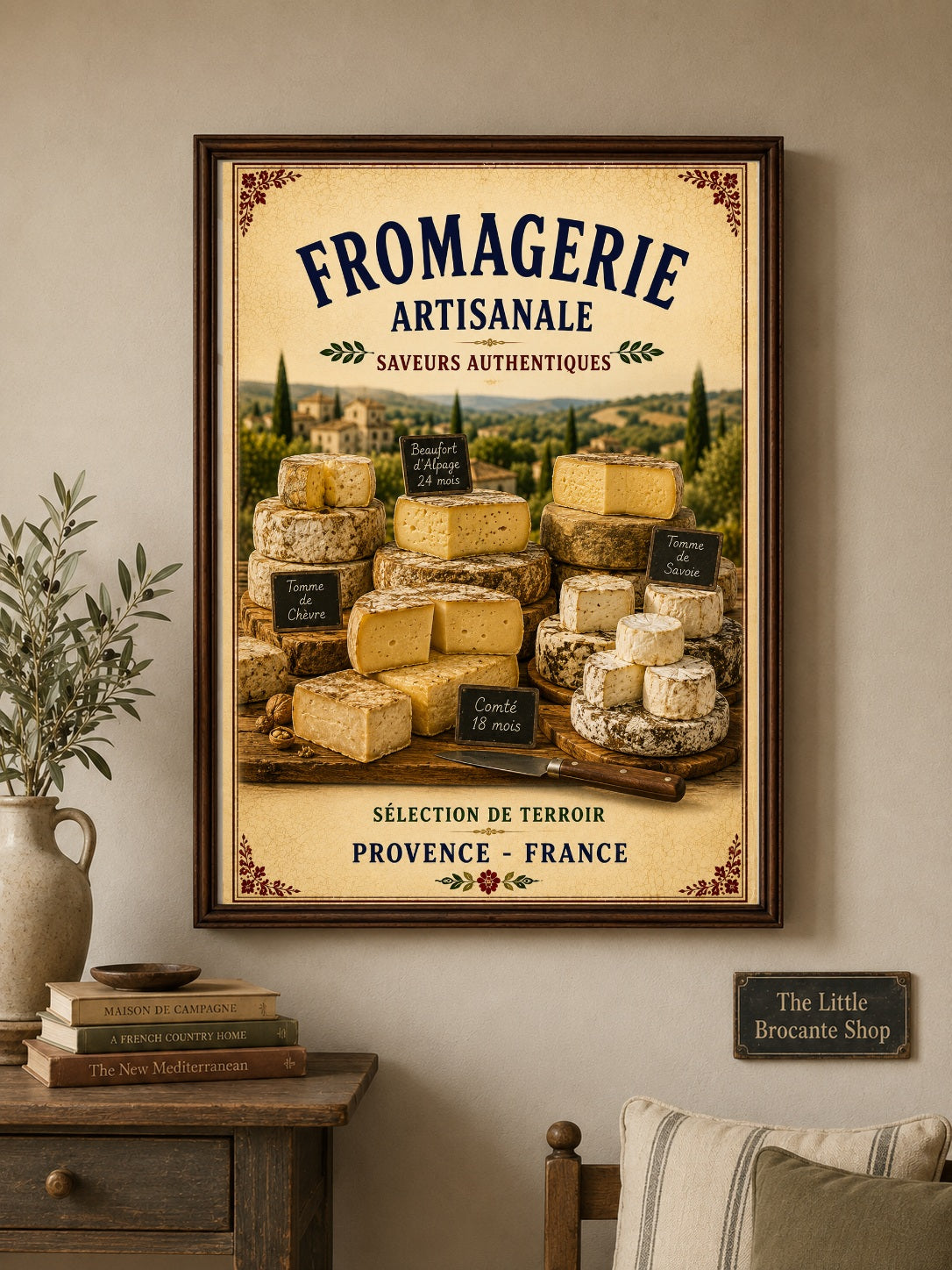 Fromagerie Artisanale – Vintage French Cheesemonger, French Country
Provence
Rustic Farmhouse
Brocante
Cottagecore
Mediterranean
Country Kitchen
Rustic Chic
Vintage European
Traditional
French Provincial
Old World
Continental
Artisan Food Store Style wall artwork.