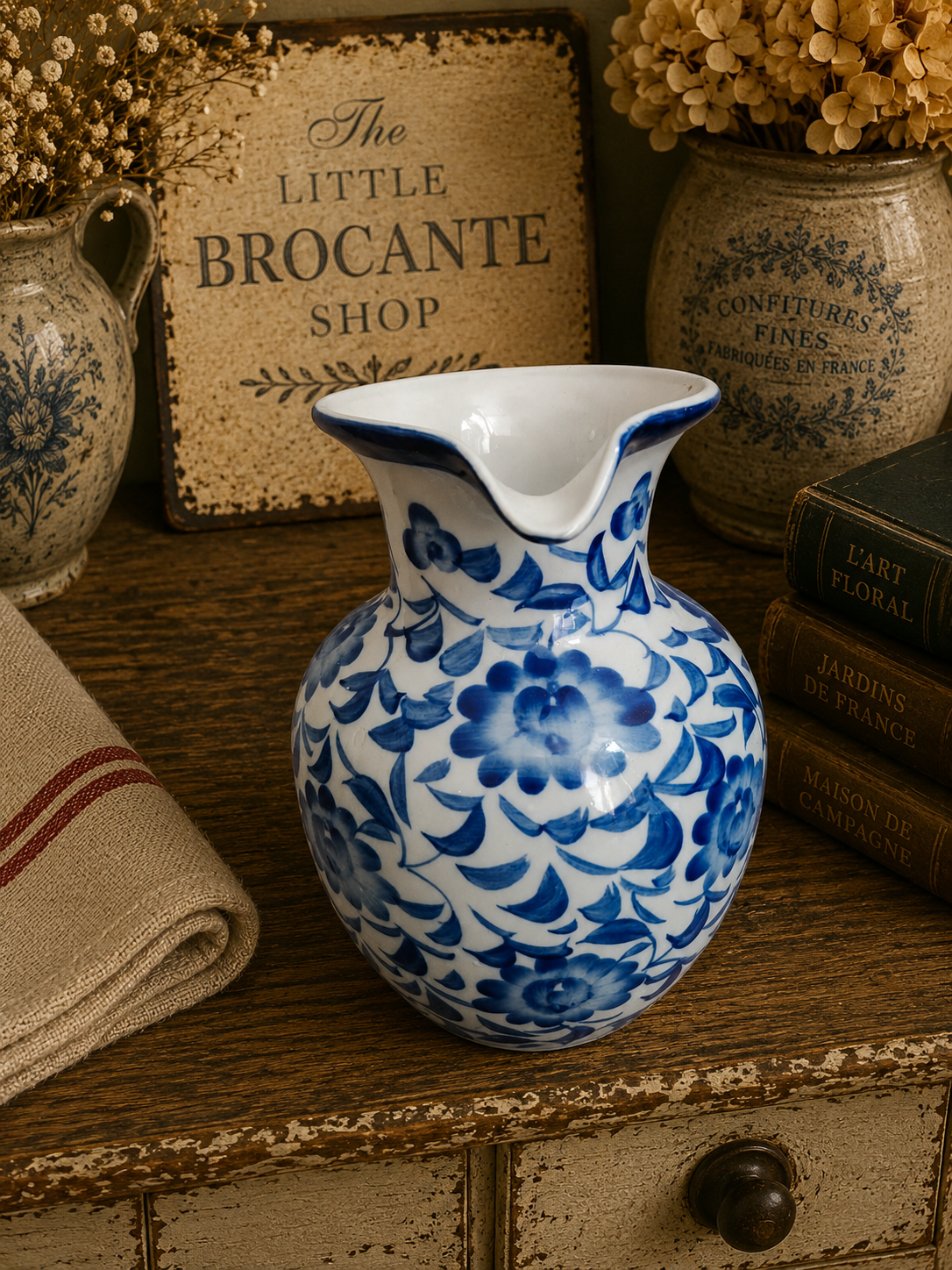 Vintage Blue & White Floral Ceramic Jug | Delft Style Water Pitcher | Cottage & French Country Vase photograph 4