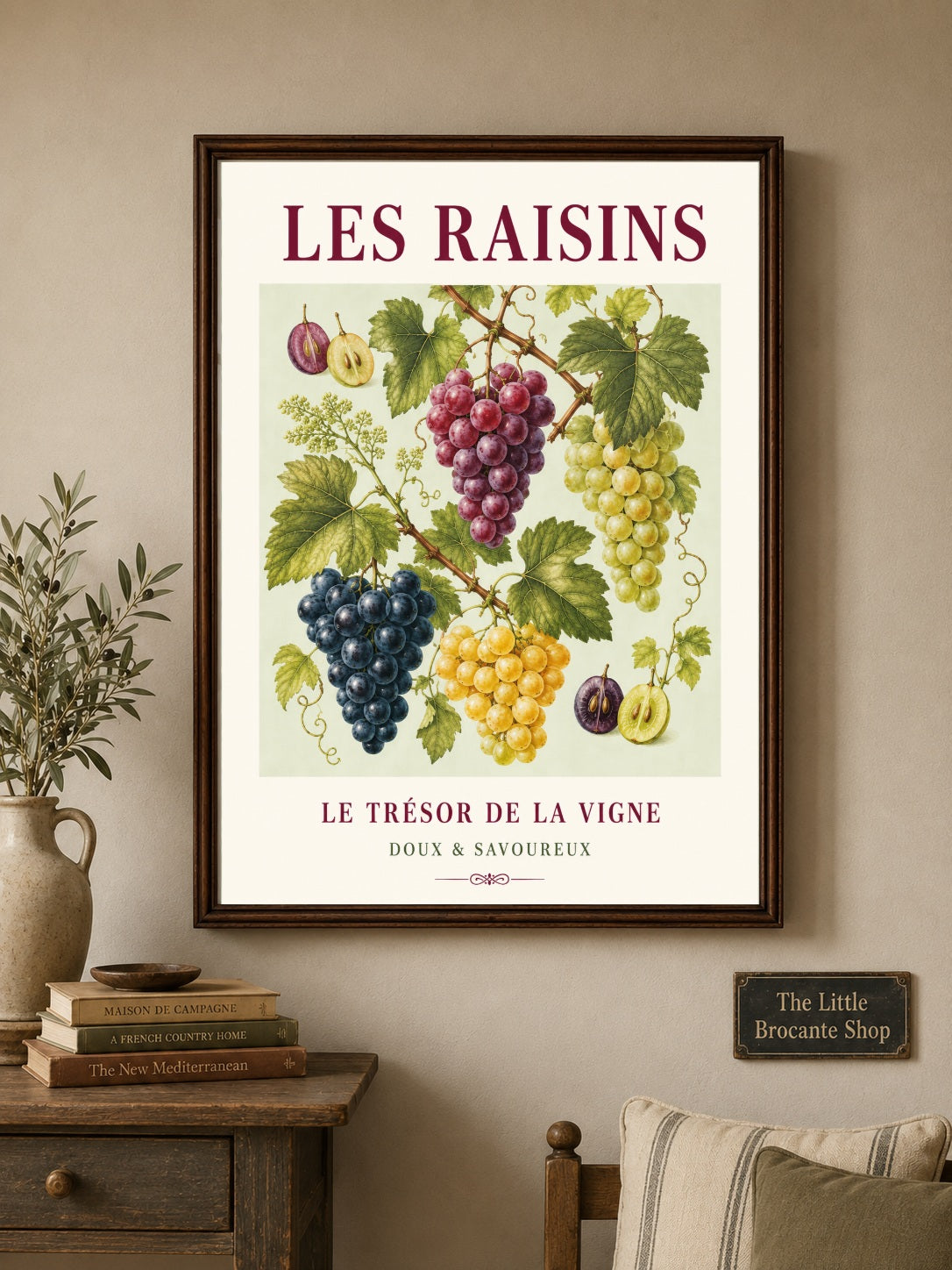 Les Raisins – Illustrated French Grape Print | French Kitchen Wall Art, Illustrated French, Botanical, French Country, Vineyard Inspired, Fruit Illustration, Country Kitchen, European Kitchen, Rustic Country wall artwork.