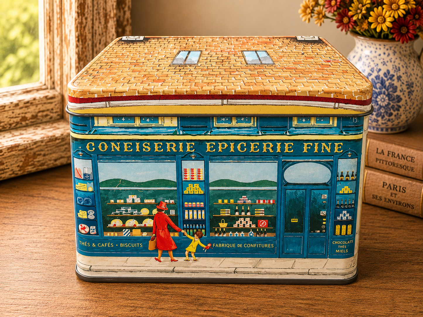 French Village House Metal Storage Tin | Confiserie & Antiquités Decorative Tin photograph 4