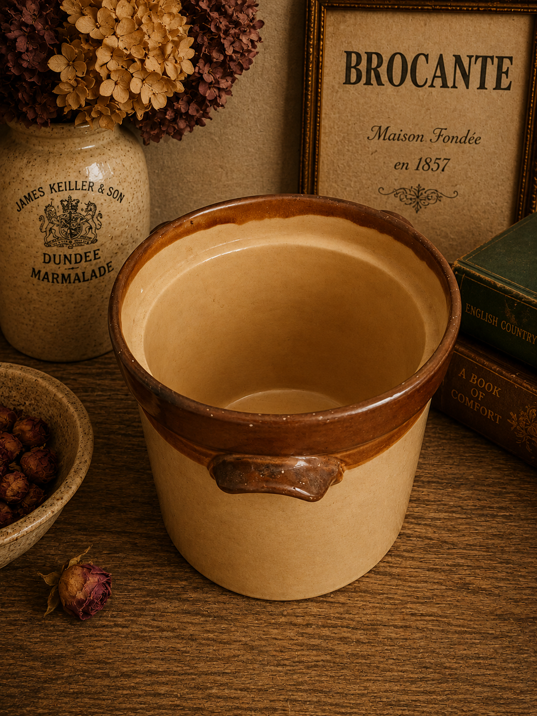 Vintage English Stoneware Lidded Storage Crock – Brown & Cream Country Kitchen Pot photograph 4