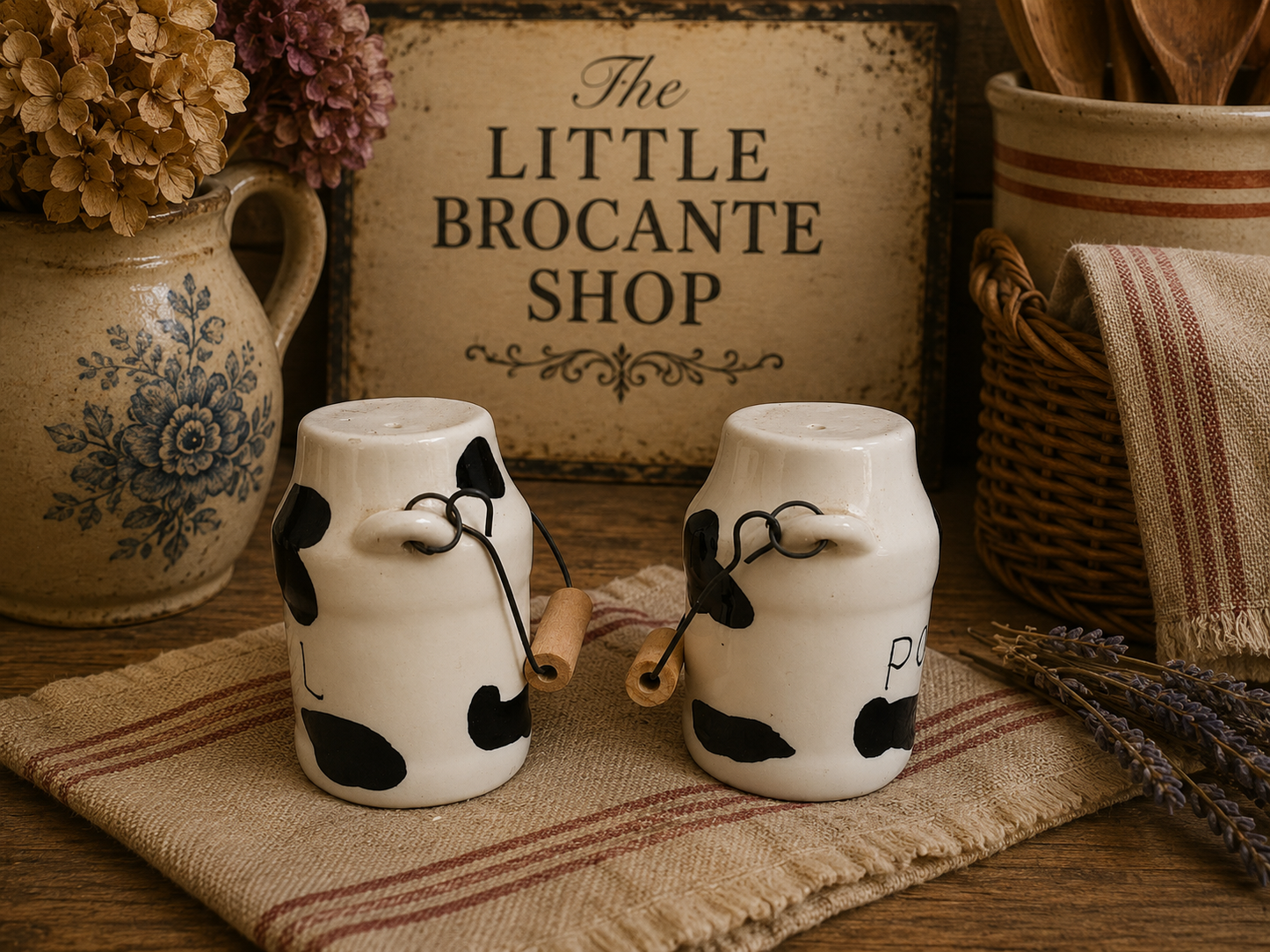 Cow Print Salt & Pepper Pots with Wooden Handles | Sel & Poivre French Country Kitchen Set photograph 4