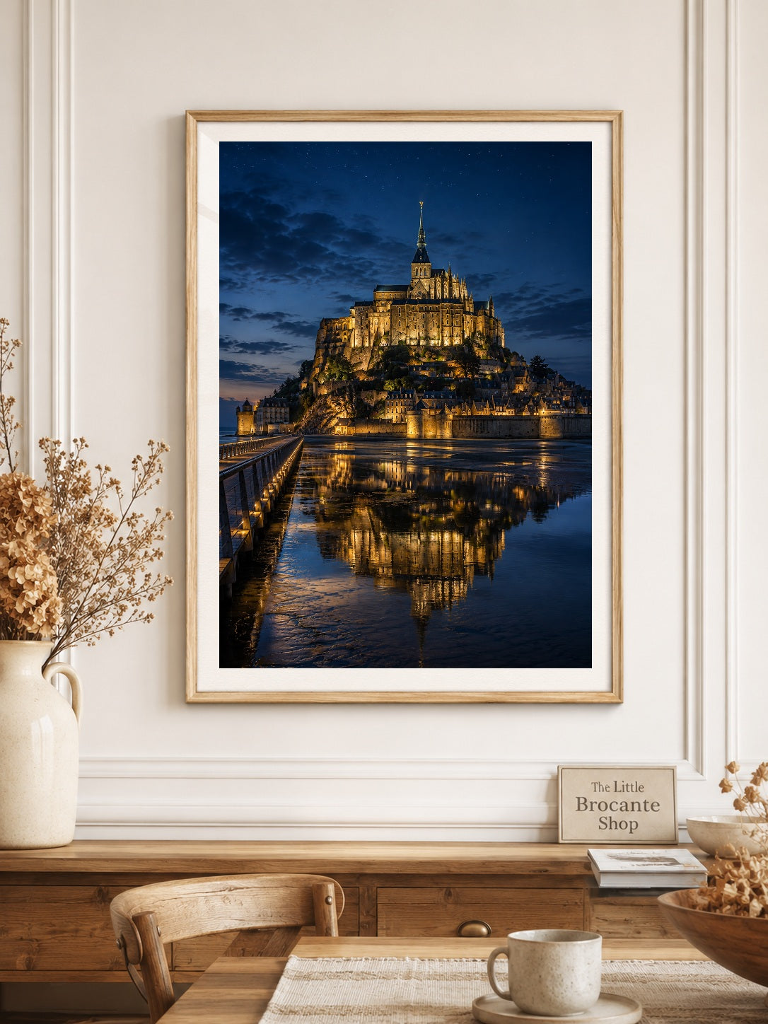 Mont Saint-Michel at Night – Illuminated Normandy Print | French Coastal Wall Art, French Country, Contemporary French, Classic European, Dark Academia, Heritage, Traditional, Modern Country, Moody Interior, Coastal, Rustic European, Contemporary wall artwork.