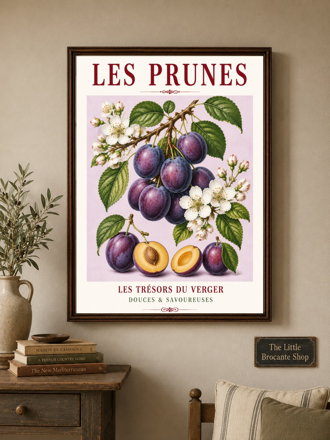 Illustrated French Plum Print - Les Prunes | French Kitchen Wall Art, Illustrated French, Botanical, French Country, Fruit Illustration, Orchard Inspired, Country Kitchen, Cottage Style, French Inspired wall artwork.