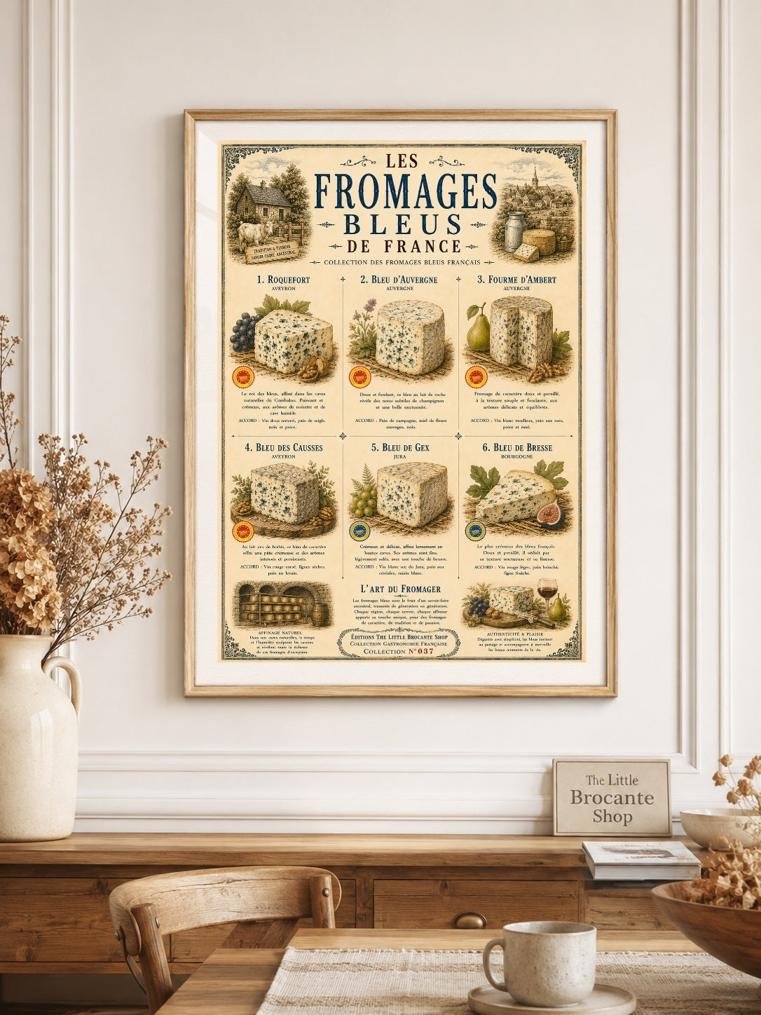 Les Fromages Bleus  Vintage French Blue Cheese Print in choice of wooden frame | French Kitchen Wall Decor