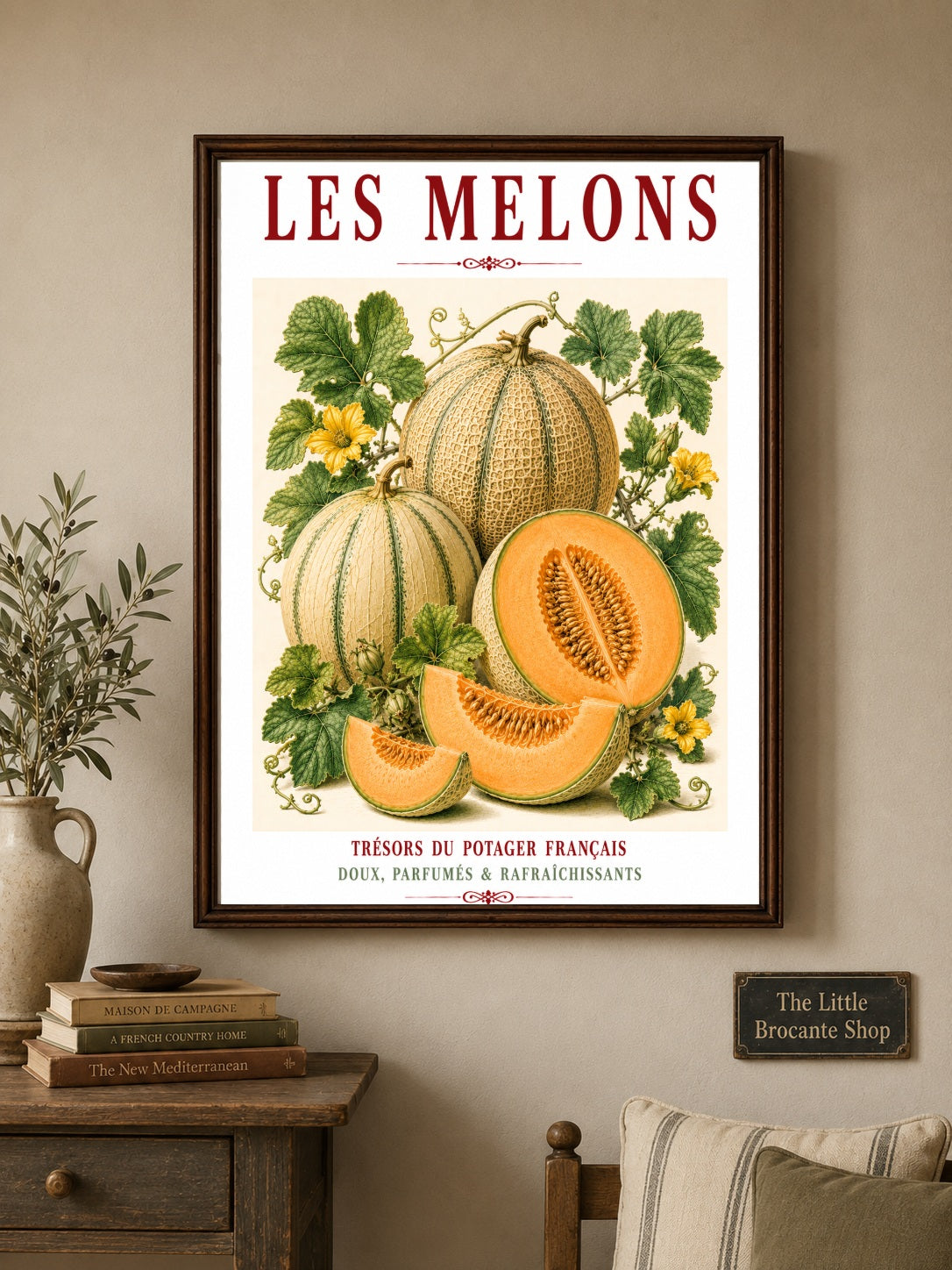 Illustrated French Melon Print | French Kitchen Wall Art, Illustrated French, Botanical, French Country, Provençal, Fruit Illustration, Kitchen Garden, French Kitchen, Mediterranean, Country Kitchen, Botanical Wall Art wall artwork.