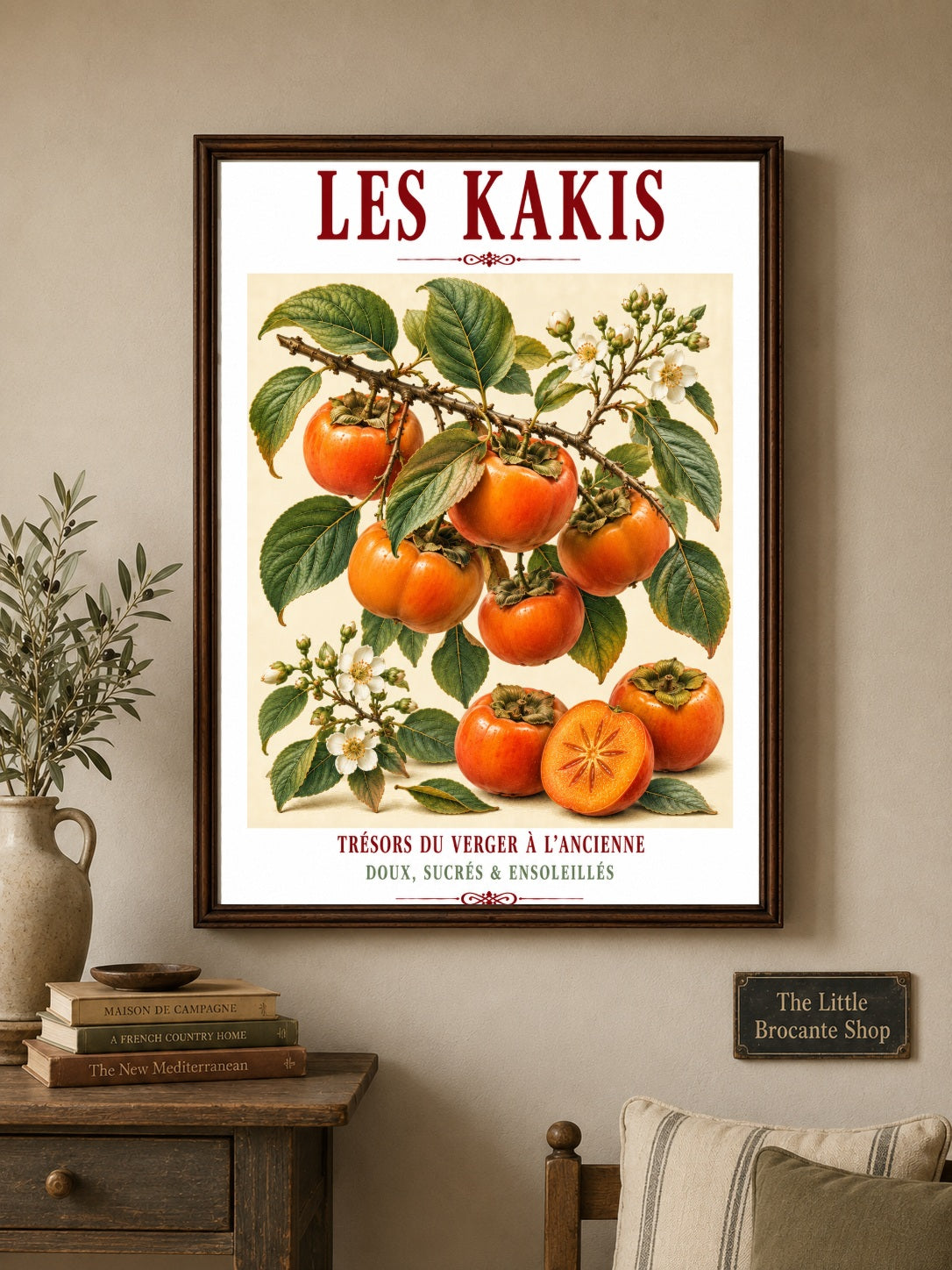 Illustrated French Persimmon (Sharon Fruit) Print | French Kitchen Wall Art, Illustrated French, Botanical, French Country, Orchard Inspired, Fruit Illustration, Mediterranean, French Kitchen, Country Kitchen, Cottage Style, Botanical Wall Art wall artwork.