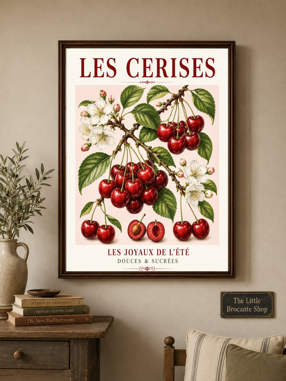 Les Cerises – Illustrated French Cherry Print | French Kitchen Wall Art, Illustrated French, Botanical, French Country, Country Kitchen, Fruit Illustration, European Kitchen, Cottage Style wall artwork.
