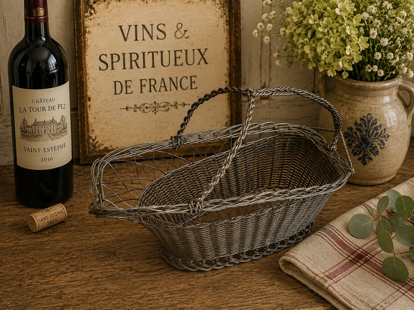 French Style Wire Wine Bottle Carrier Basket | Rustic Metal Bottle Holder | French Country Kitchen Decor photograph 4