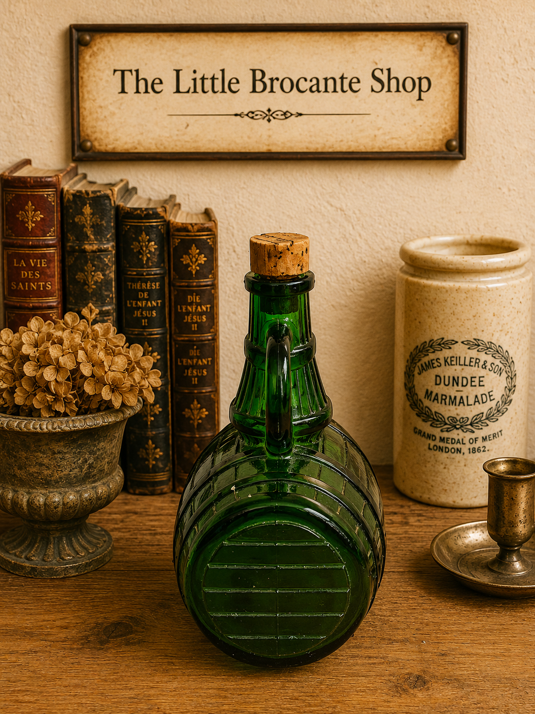 Vintage Green Glass Barrel Decanter with Cork Stopper | Rustic Wine Bottle photograph 4