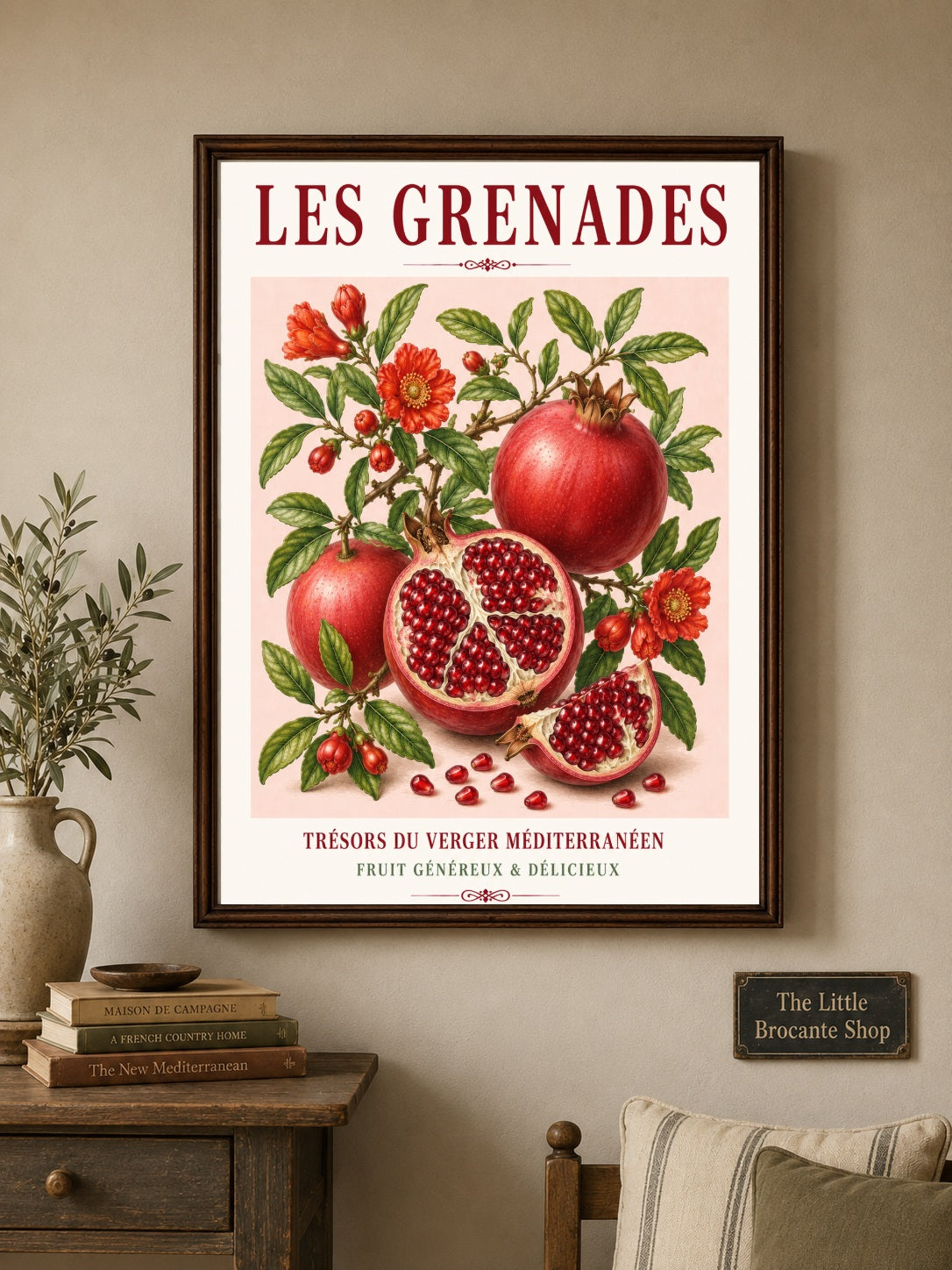 French Pomegranate Illustrated Print | French Kitchen Wall Art, Illustrated French, Botanical, Mediterranean, French Country, Fruit Illustration, Country Kitchen, French Countryside, Botanical Wall Art wall artwork.