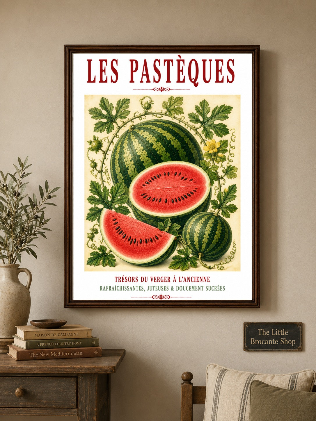 Illustrated French Watermelon Print | French Kitchen Wall Art, Illustrated French, Botanical, French Country, Mediterranean, Fruit Illustration, French Kitchen, Country Kitchen, Cottage Style, Summer Inspired, Botanical Wall Art wall artwork.