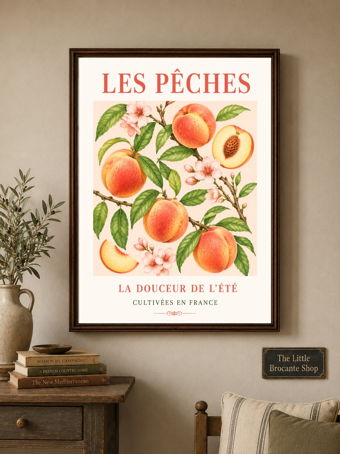 Les Pêches – Illustrated French Peach Print | French Kitchen Wall Art, Illustrated French, Botanical, French Country, Fruit Illustration, Orchard Inspired, Country Kitchen, Cottage Style, Provence Inspired wall artwork.