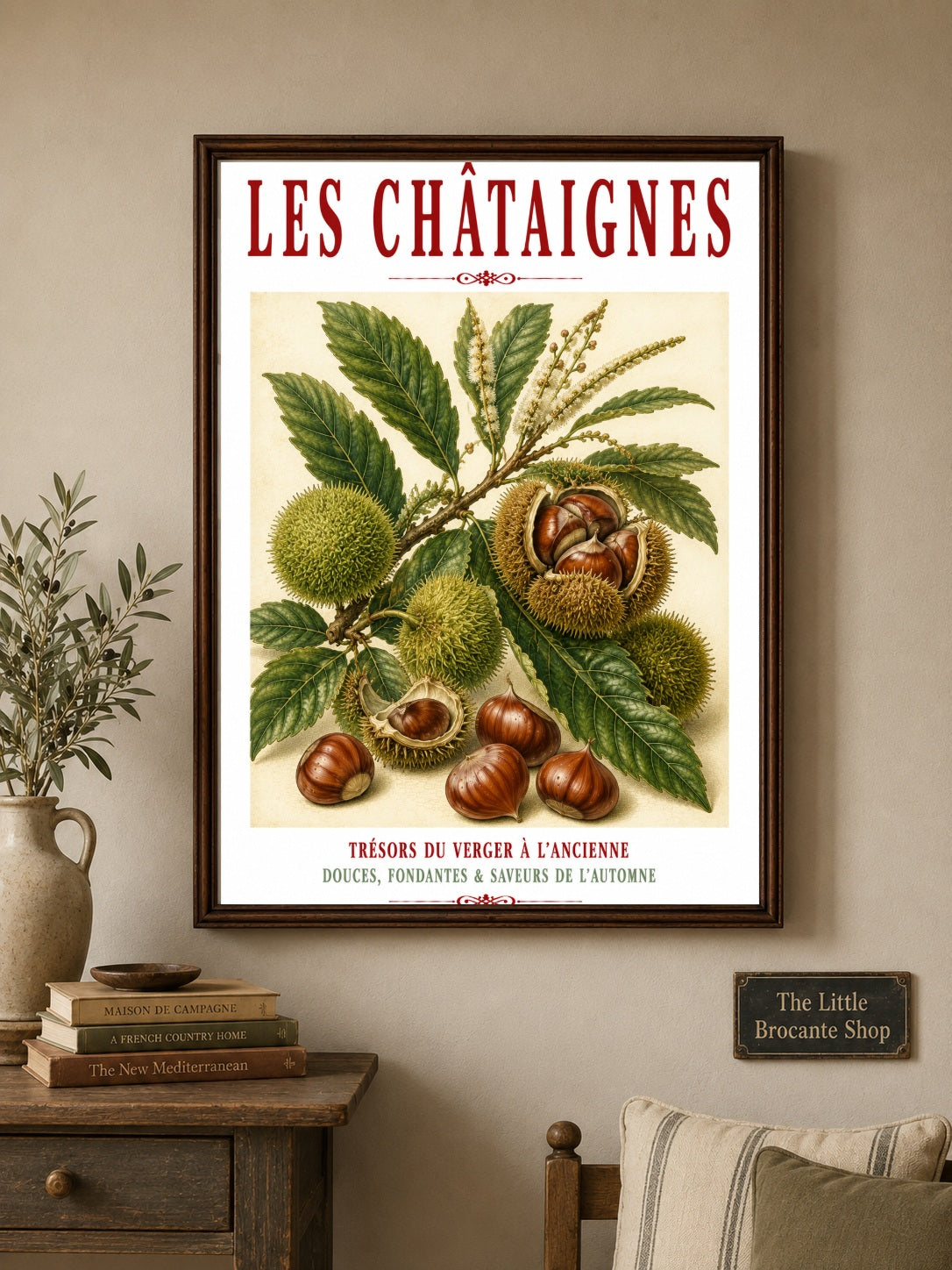 Illustrated French Chestnut Print | French Kitchen Wall Art, Illustrated French, Botanical, French Country, Rustic, Autumnal, Woodland Botanical, Traditional Botanical Illustration, French Kitchen, Country Kitchen, Cottage Style wall artwork.