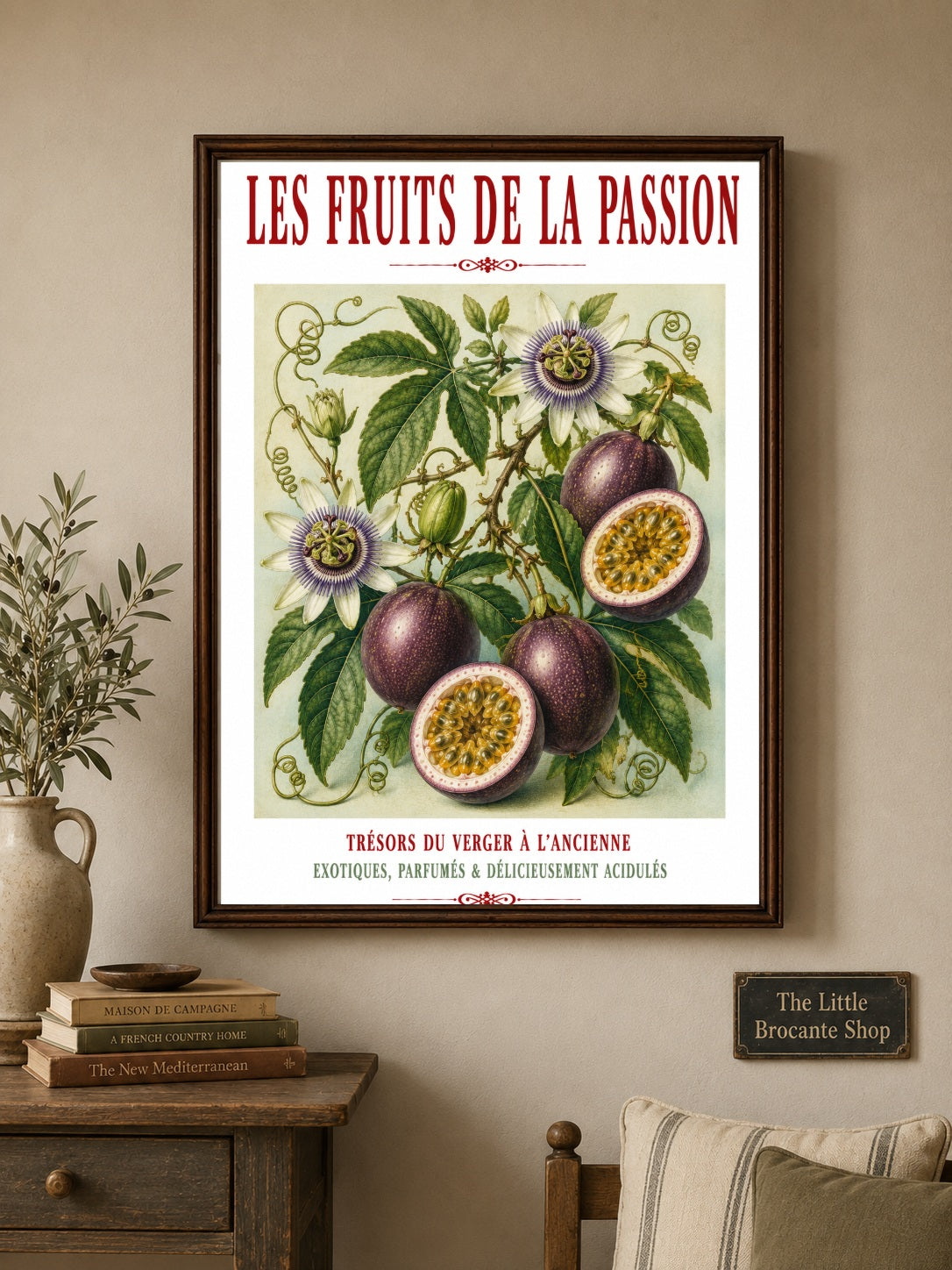 Illustrated French Passion Fruit Print | French Kitchen Wall Art, Illustrated French, Botanical, French Country, Exotic Botanical, French Kitchen, Traditional Botanical Illustration, Country Kitchen, Cottage Style, Botanical Wall Art wall artwork.