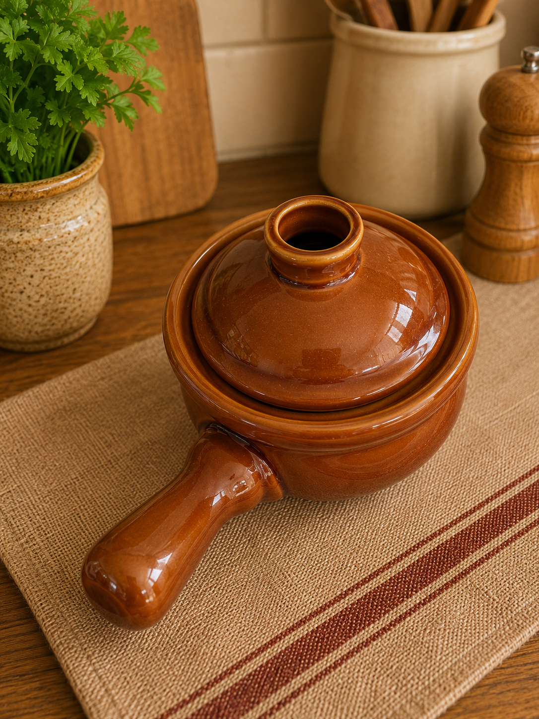 Pair of Vintage Brown Stoneware Lidded Cooking Pots photograph 4
