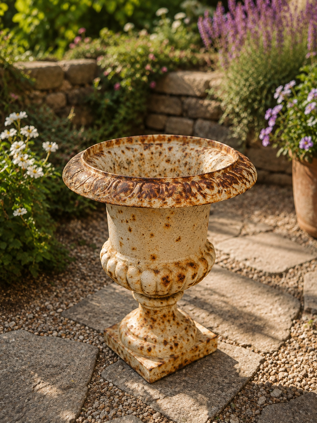 Pair of Vintage Cast Iron Garden Urns – Rustic French Country Planters photograph 4