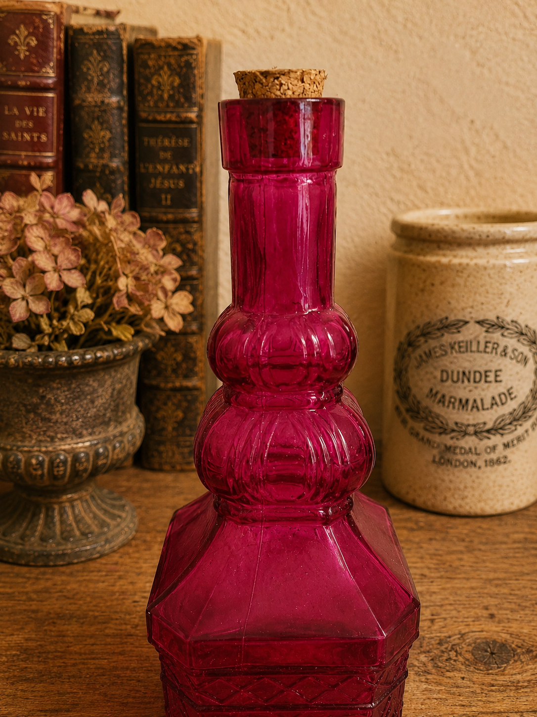 Pink Embossed Glass Decorative Bottle with Cork Stopper | Vintage Style Decanter photograph 4
