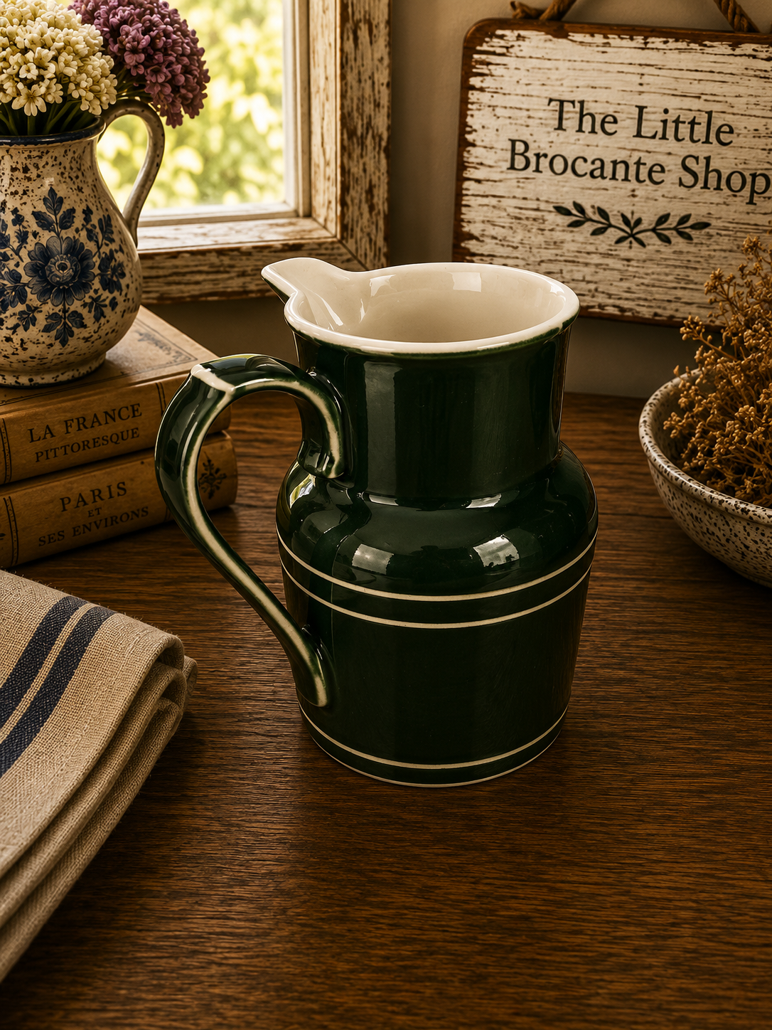Vintage Pillivuyt France Green Ceramic Milk Jug | French Country Cream Pitcher | Rustic Farmhouse Kitchen photograph 4