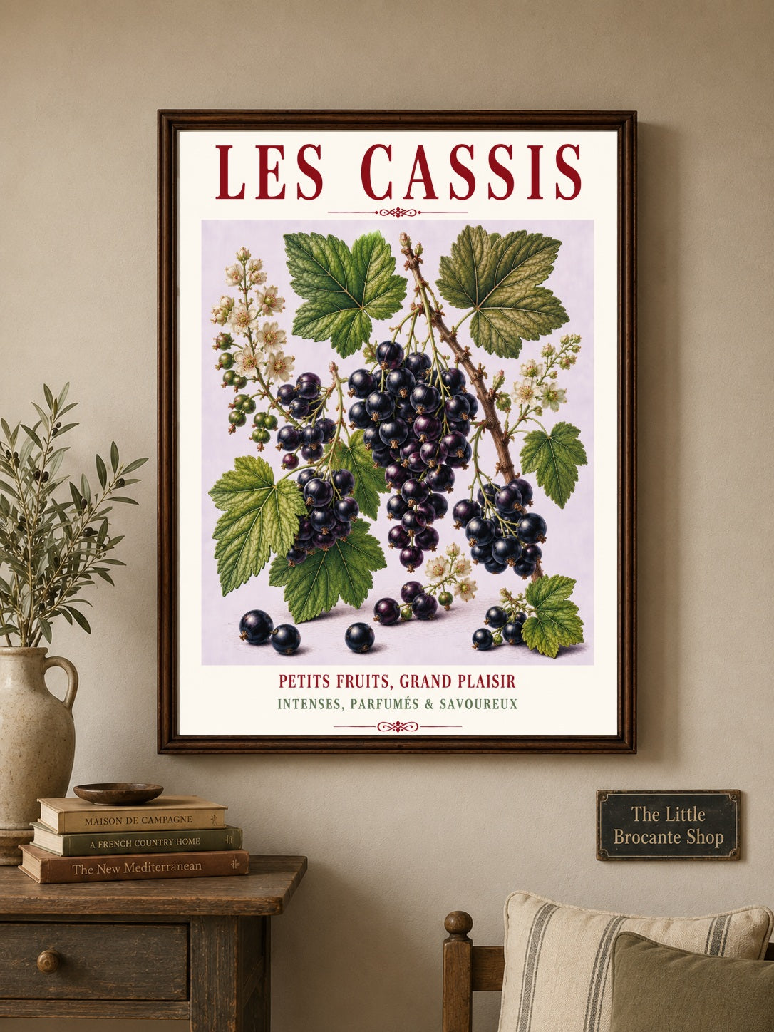 Illustrated French Blackcurrant Print - Les Cassis | French Kitchen Wall Art, Illustrated French, Botanical, French Country, Berry Illustration, Fruit Illustration, Country Kitchen, French Countryside, Cottage Style, Botanical Wall Art wall artwork.