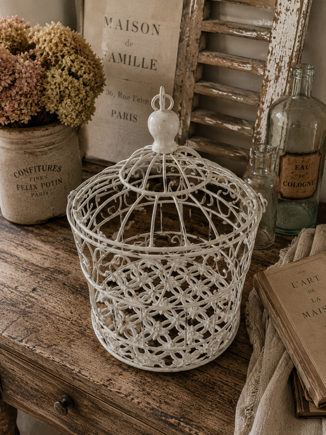 Vintage Style White Metal Birdcage – French Country Decorative Bird Cage photograph 4