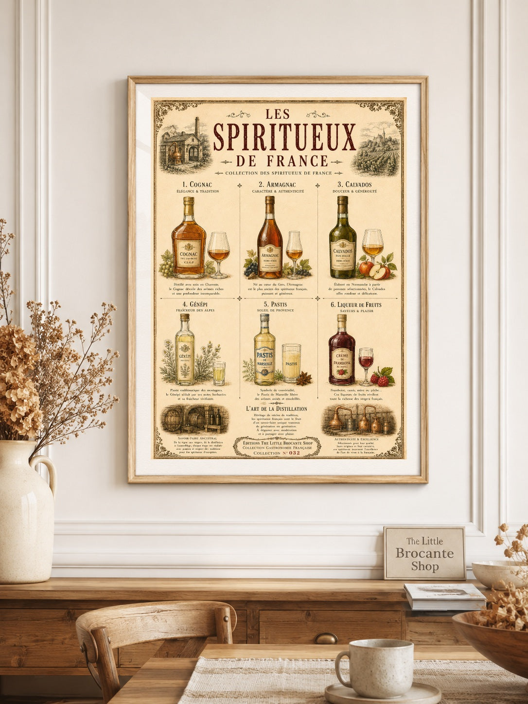 Les Spiritueux de France Vintage French Spirits Print | Bar & Kitchen Wall Art, French country wall artwork.