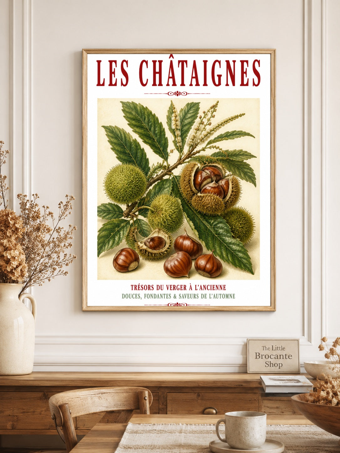 Illustrated French Chestnut Print | French Kitchen Wall Art, Illustrated French, Botanical, French Country, Rustic, Autumnal, Woodland Botanical, Traditional Botanical Illustration, French Kitchen, Country Kitchen, Cottage Style wall artwork.