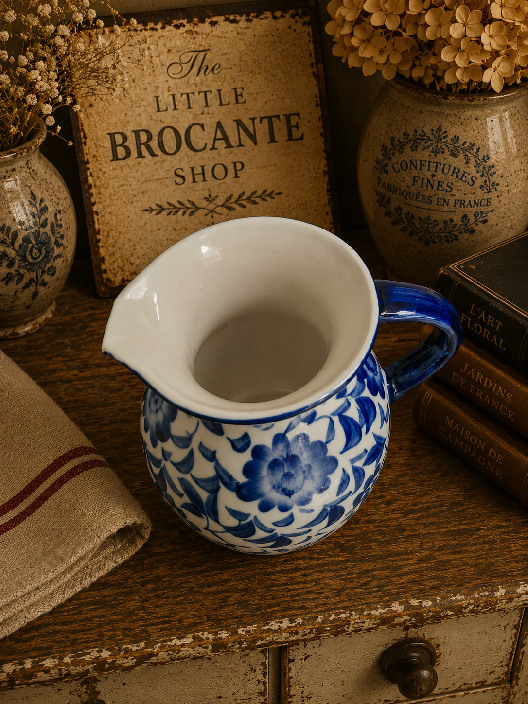 Vintage Blue & White Floral Ceramic Jug | Delft Style Water Pitcher | Cottage & French Country Vase photograph 5