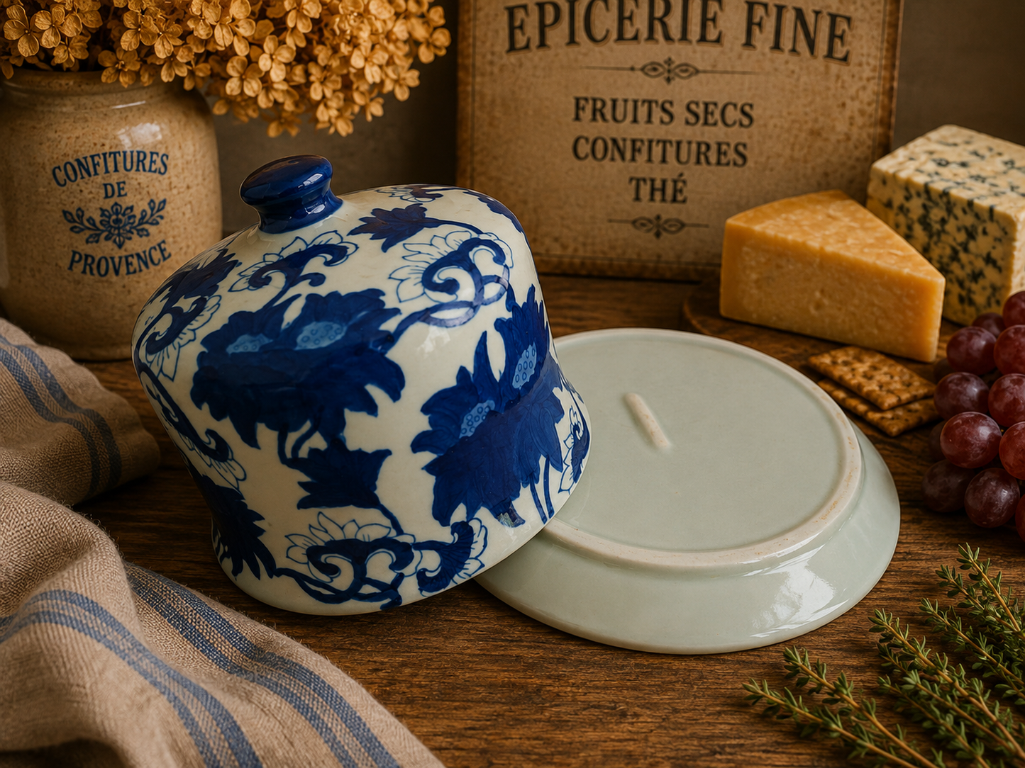 Antique Staffordshire Blue & White Cheese Dome & Plate – 19th Century Floral Cheese Cloche photograph 5