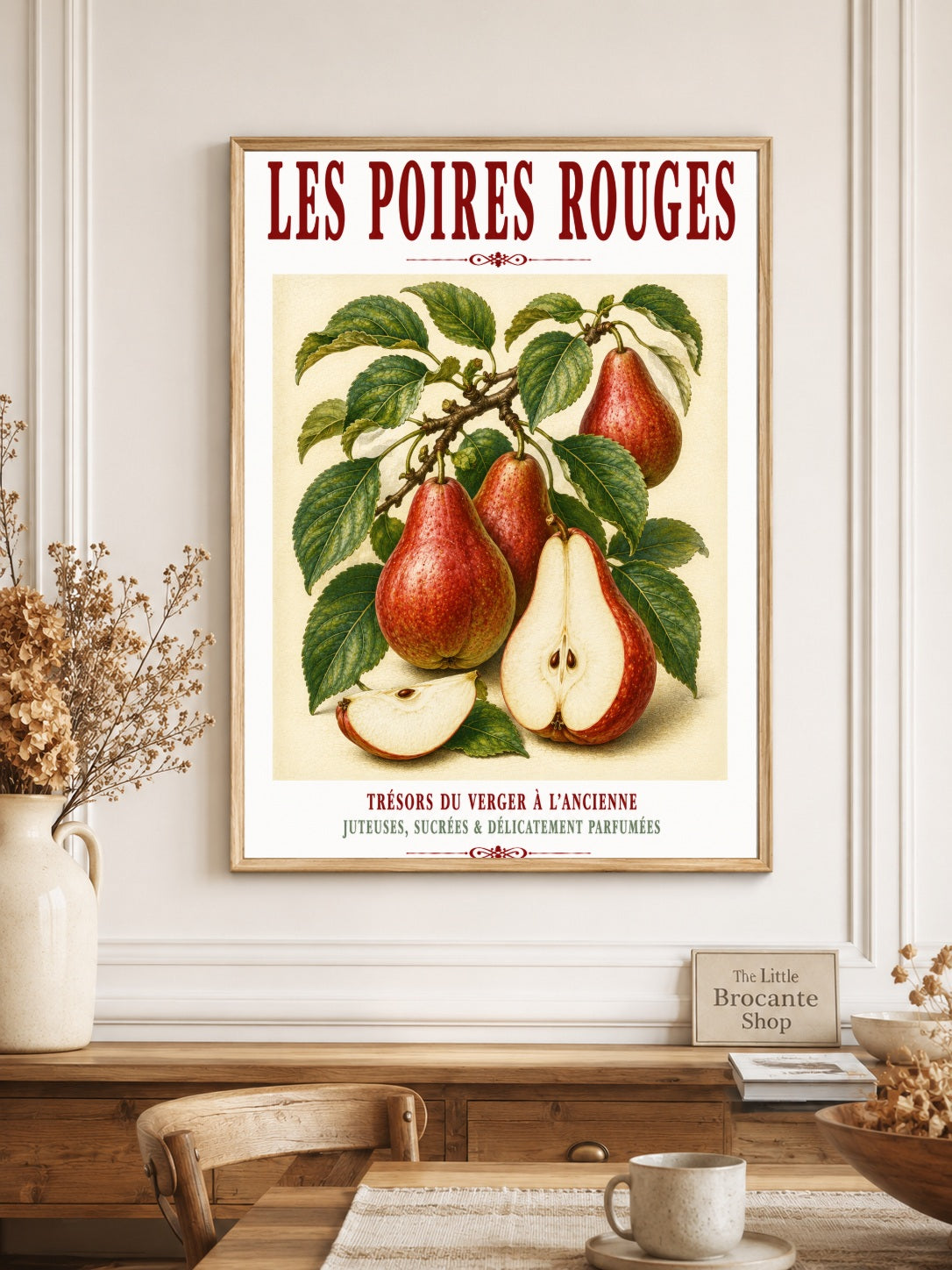 Les Poires Rouges – Illustrated French Red Pear Print | French Kitchen Wall Art, Illustrated French, Botanical, French Country, Orchard Inspired, Country Kitchen, Fruit Illustration, Rustic Country, Cottage Style wall artwork.