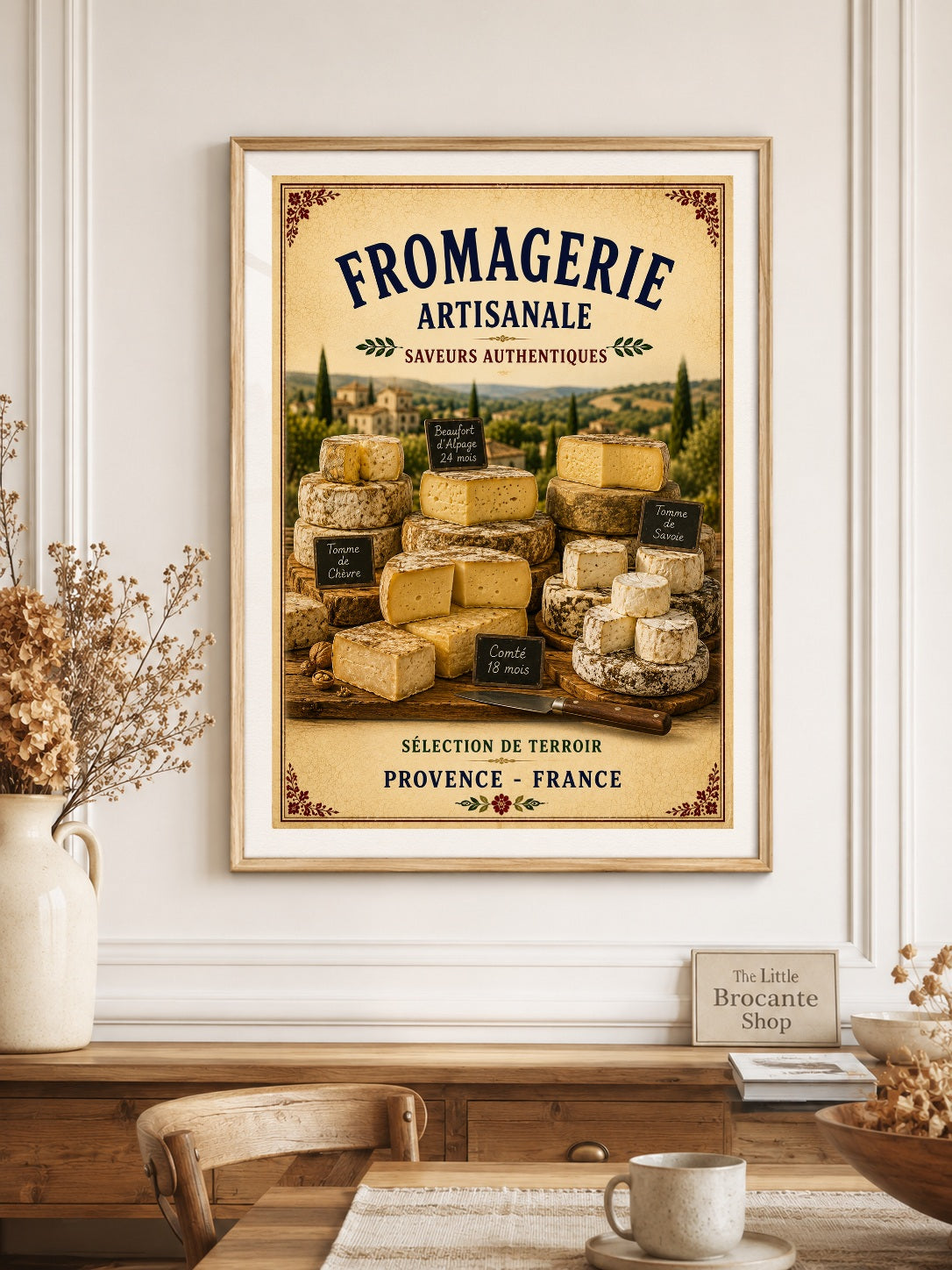Fromagerie Artisanale – Vintage French Cheesemonger, French Country
Provence
Rustic Farmhouse
Brocante
Cottagecore
Mediterranean
Country Kitchen
Rustic Chic
Vintage European
Traditional
French Provincial
Old World
Continental
Artisan Food Store Style wall artwork.