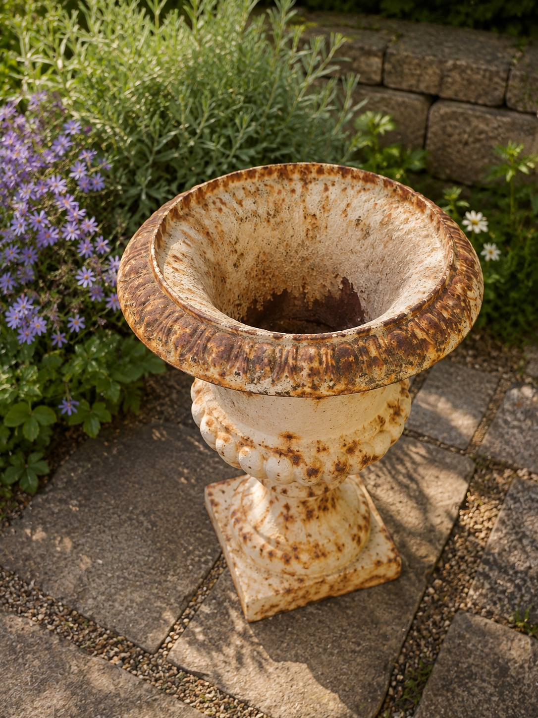 Pair of Vintage Cast Iron Garden Urns – Rustic French Country Planters photograph 5