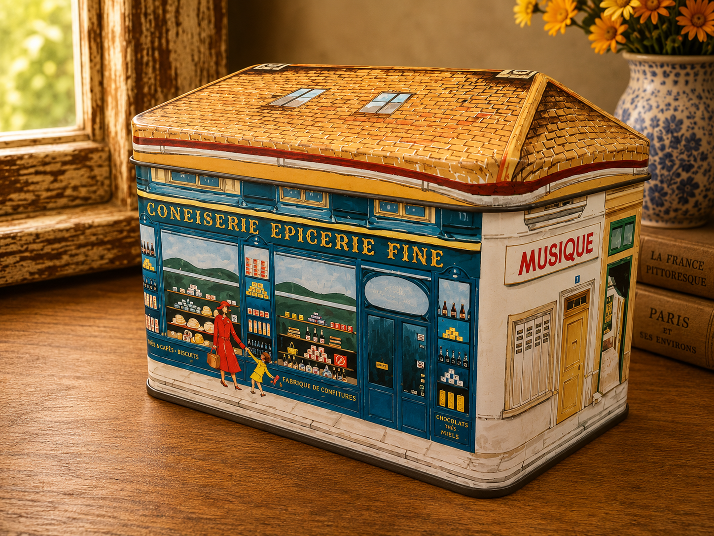 French Village House Metal Storage Tin | Confiserie & Antiquités Decorative Tin photograph 5