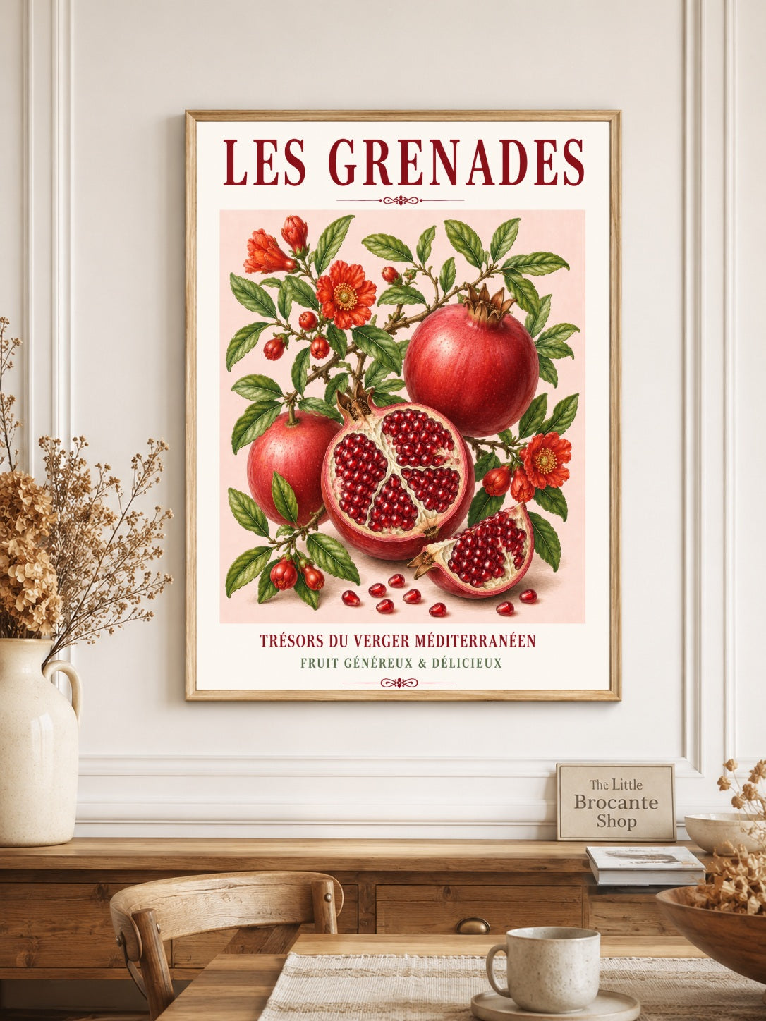 French Pomegranate Illustrated Print | French Kitchen Wall Art, Illustrated French, Botanical, Mediterranean, French Country, Fruit Illustration, Country Kitchen, French Countryside, Botanical Wall Art wall artwork.