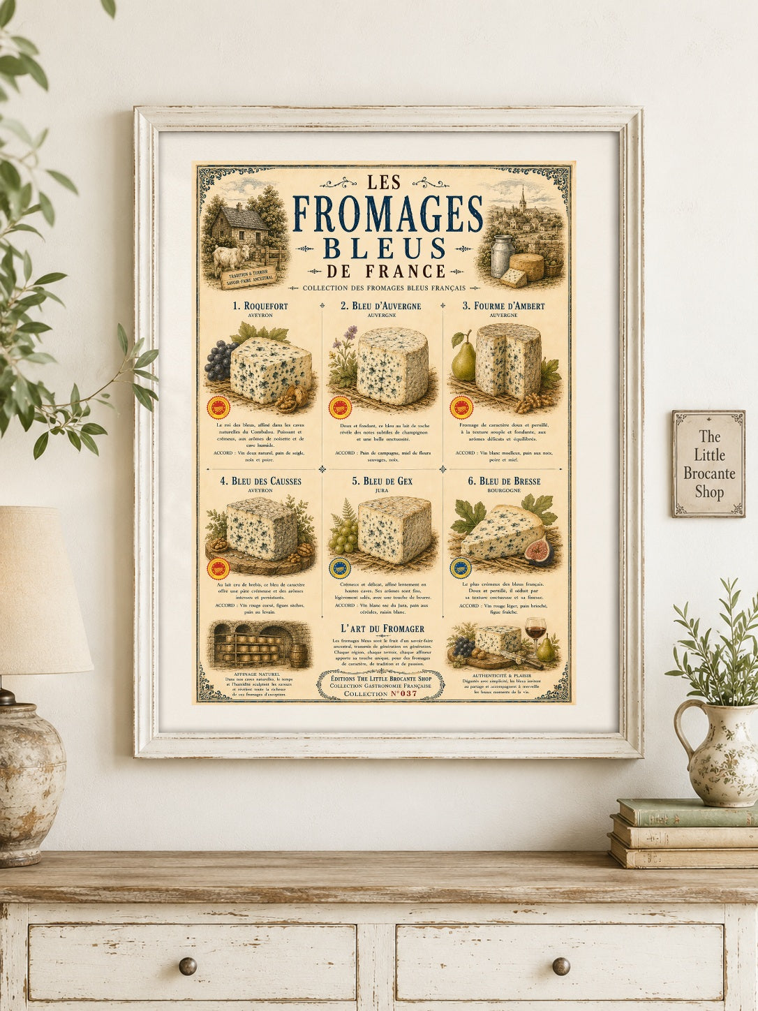 Les Fromages Bleus  Vintage French Blue Cheese Print in choice of wooden frame | French Kitchen Wall Decor