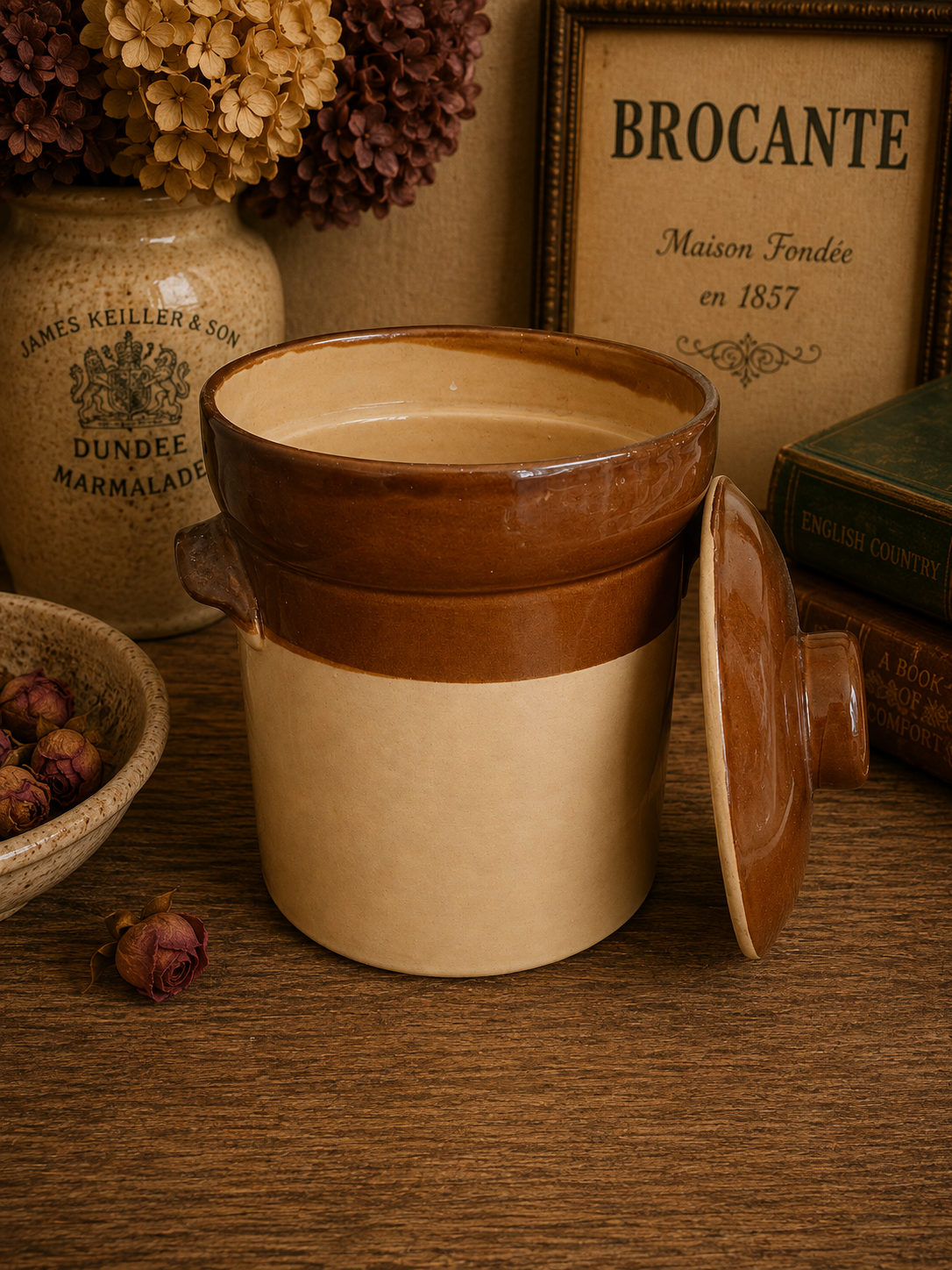 Vintage English Stoneware Lidded Storage Crock – Brown & Cream Country Kitchen Pot photograph 5