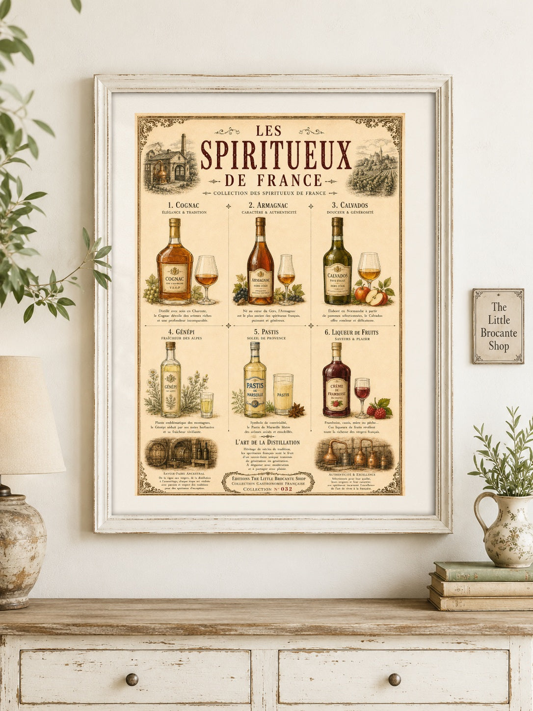 Les Spiritueux de France Vintage French Spirits Print | Bar & Kitchen Wall Art, French country wall artwork.