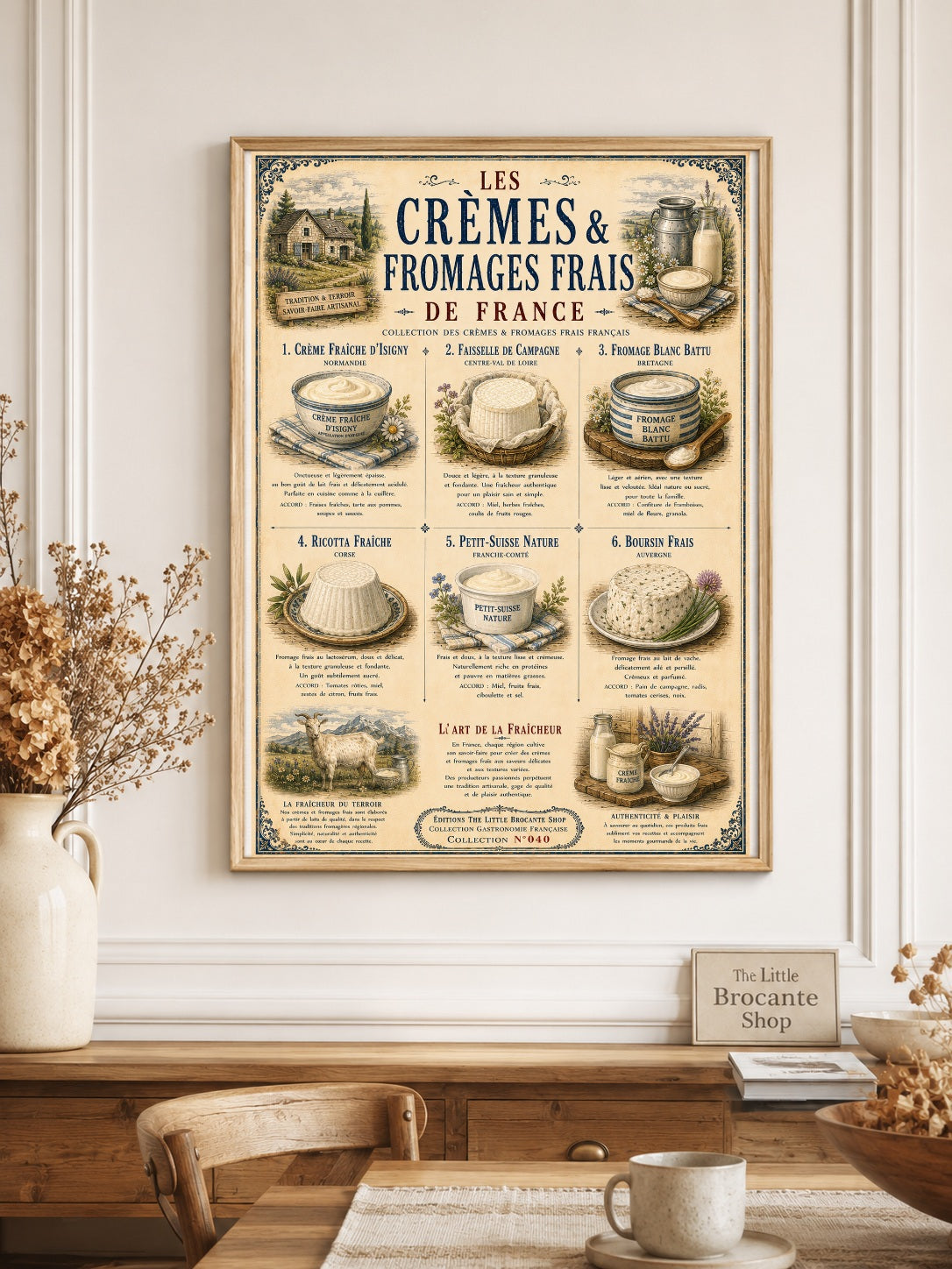 Les Crèmes & Fromages Frais – Vintage French Dairy Print | French Kitchen Wall Art, French Country, French Farmhouse, Cottagecore, Rustic Country, Traditional Kitchen, Brocante, Vintage, European Farmhouse, Provincial French, Country Cottage, Blue & White Kitchen wall artwork.