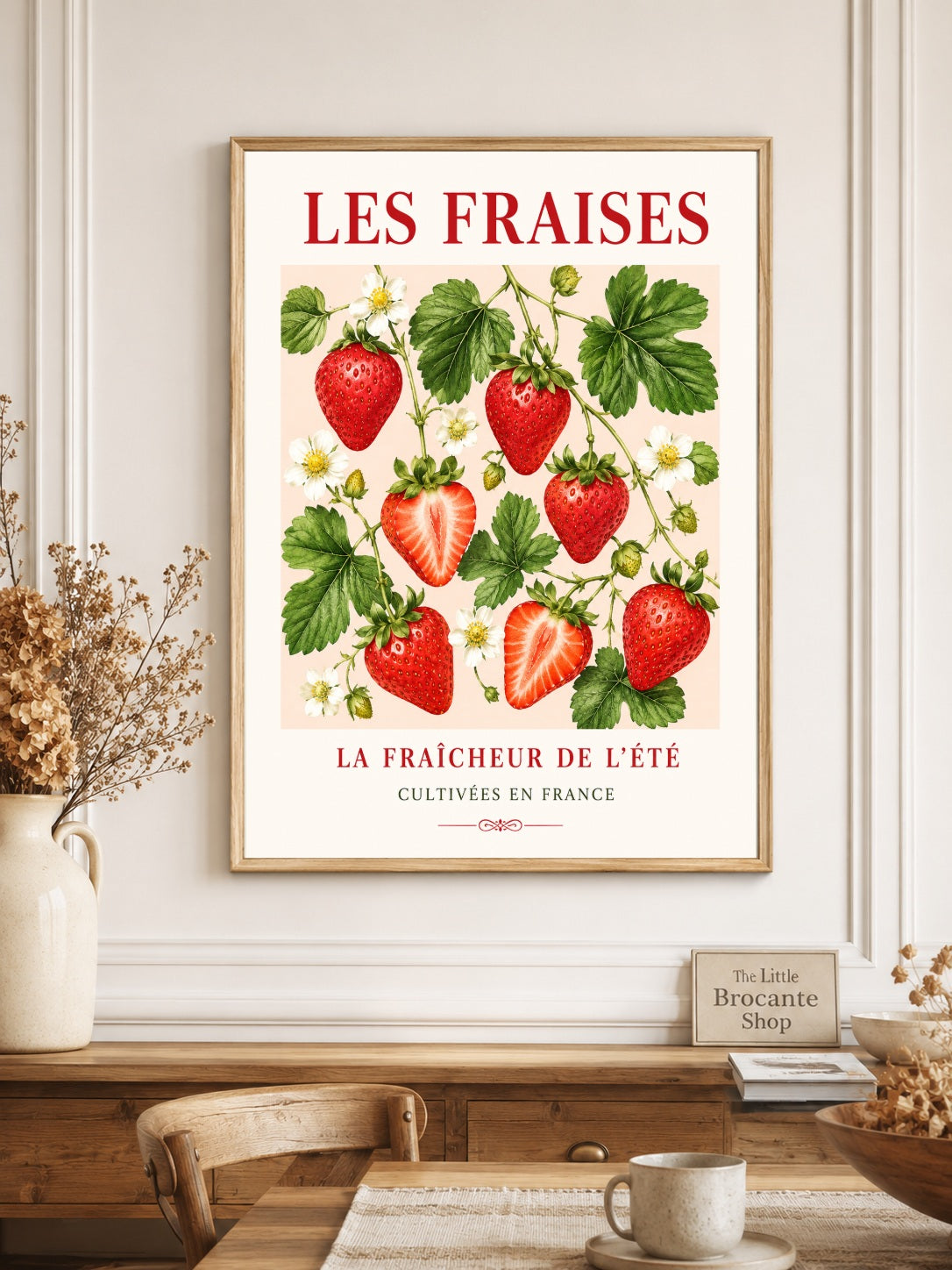 Les Fraises – French Strawberry Illustrated Print | French Fruit & Kitchen Wall Art, French Botanical, Illustrated French, French Country, Country Kitchen, Botanical Illustration, Cottage, European Kitchen, Fruit Art wall artwork.