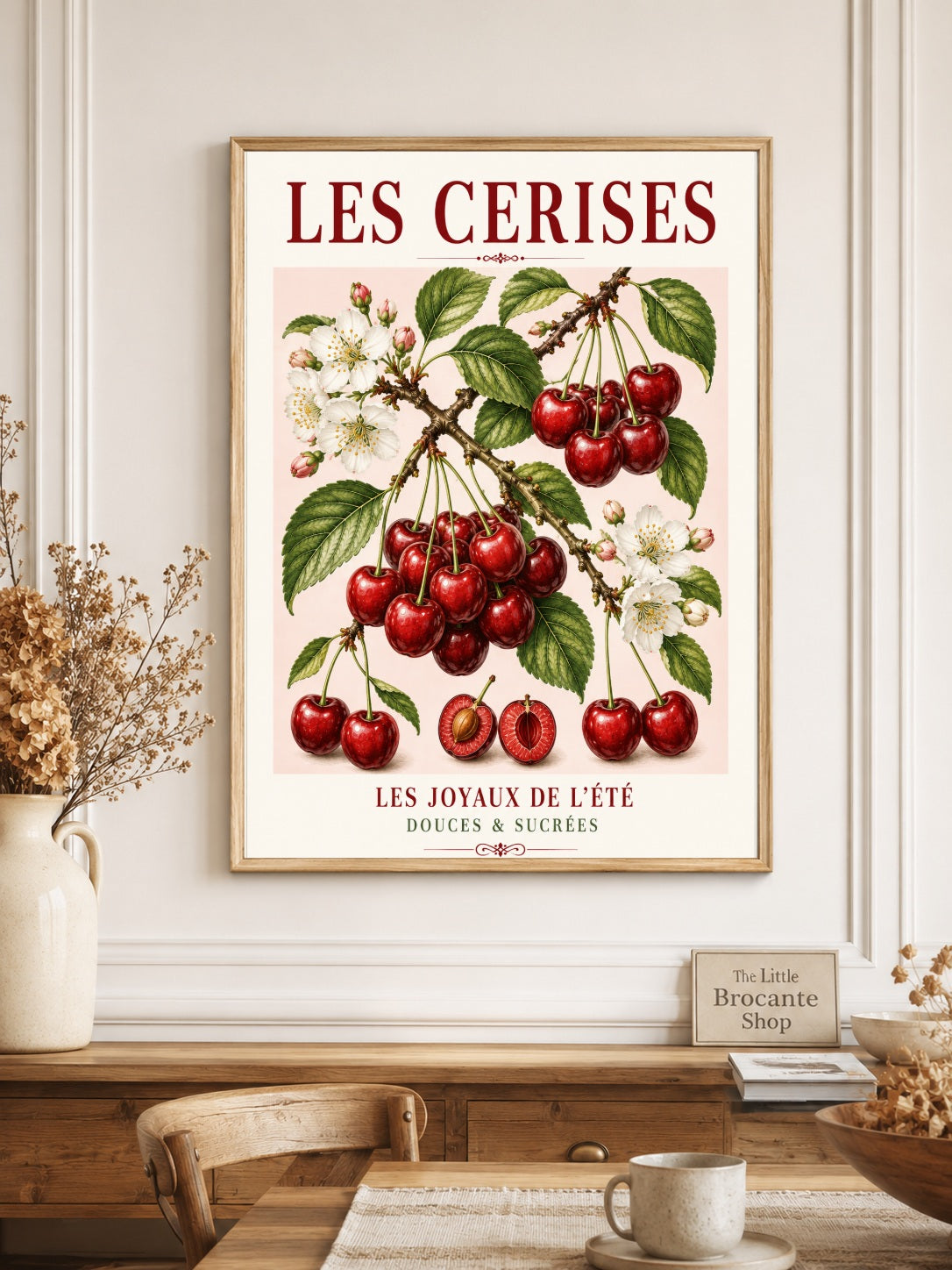 Les Cerises – Illustrated French Cherry Print | French Kitchen Wall Art, Illustrated French, Botanical, French Country, Country Kitchen, Fruit Illustration, European Kitchen, Cottage Style wall artwork.