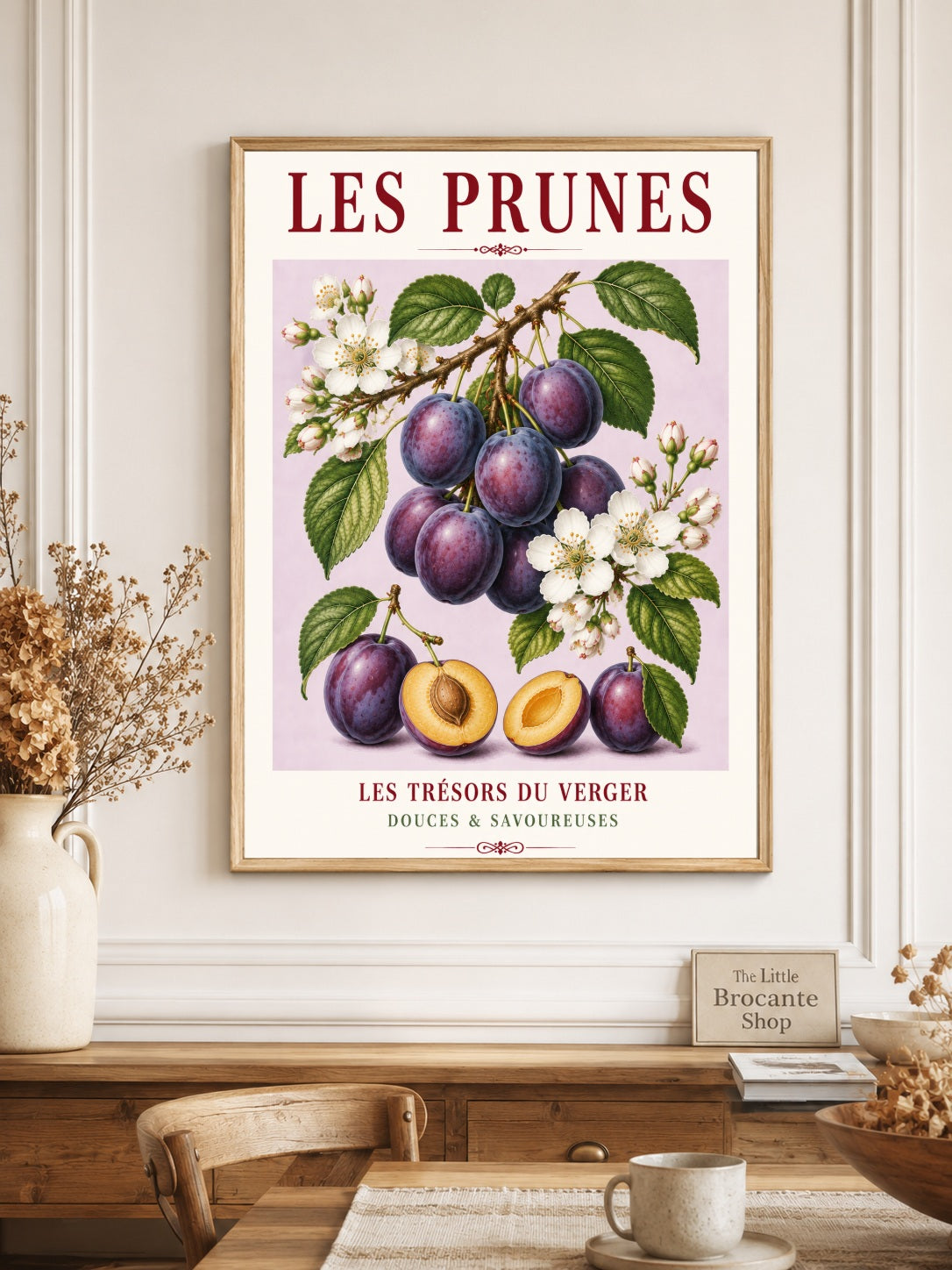 Illustrated French Plum Print - Les Prunes | French Kitchen Wall Art, Illustrated French, Botanical, French Country, Fruit Illustration, Orchard Inspired, Country Kitchen, Cottage Style, French Inspired wall artwork.