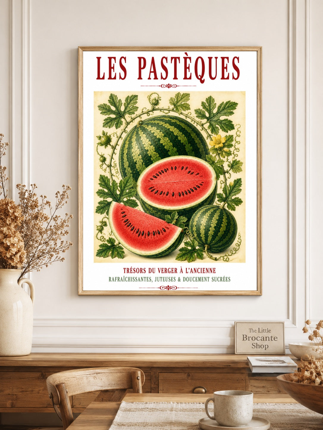 Illustrated French Watermelon Print | French Kitchen Wall Art, Illustrated French, Botanical, French Country, Mediterranean, Fruit Illustration, French Kitchen, Country Kitchen, Cottage Style, Summer Inspired, Botanical Wall Art wall artwork.