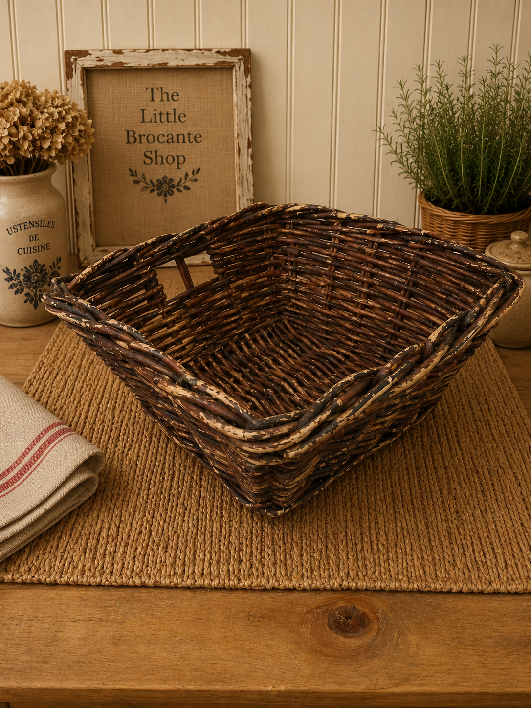 Vintage Dark Willow Storage Basket | Rustic French Country Wicker Basket | Farmhouse Display Basket photograph 5